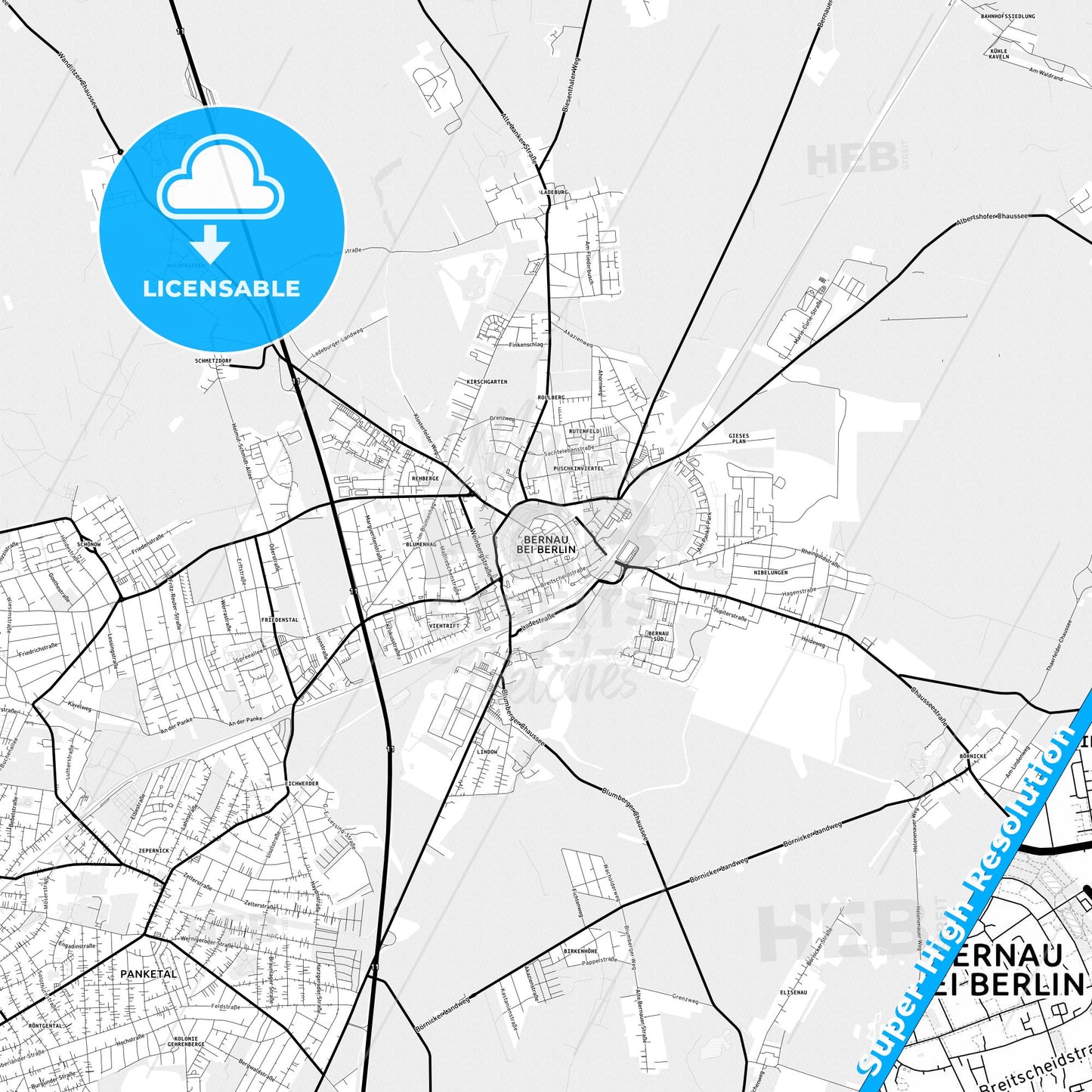 Bernau bei Berlin, Germany Light Map with Street Names, City Names, and Districts