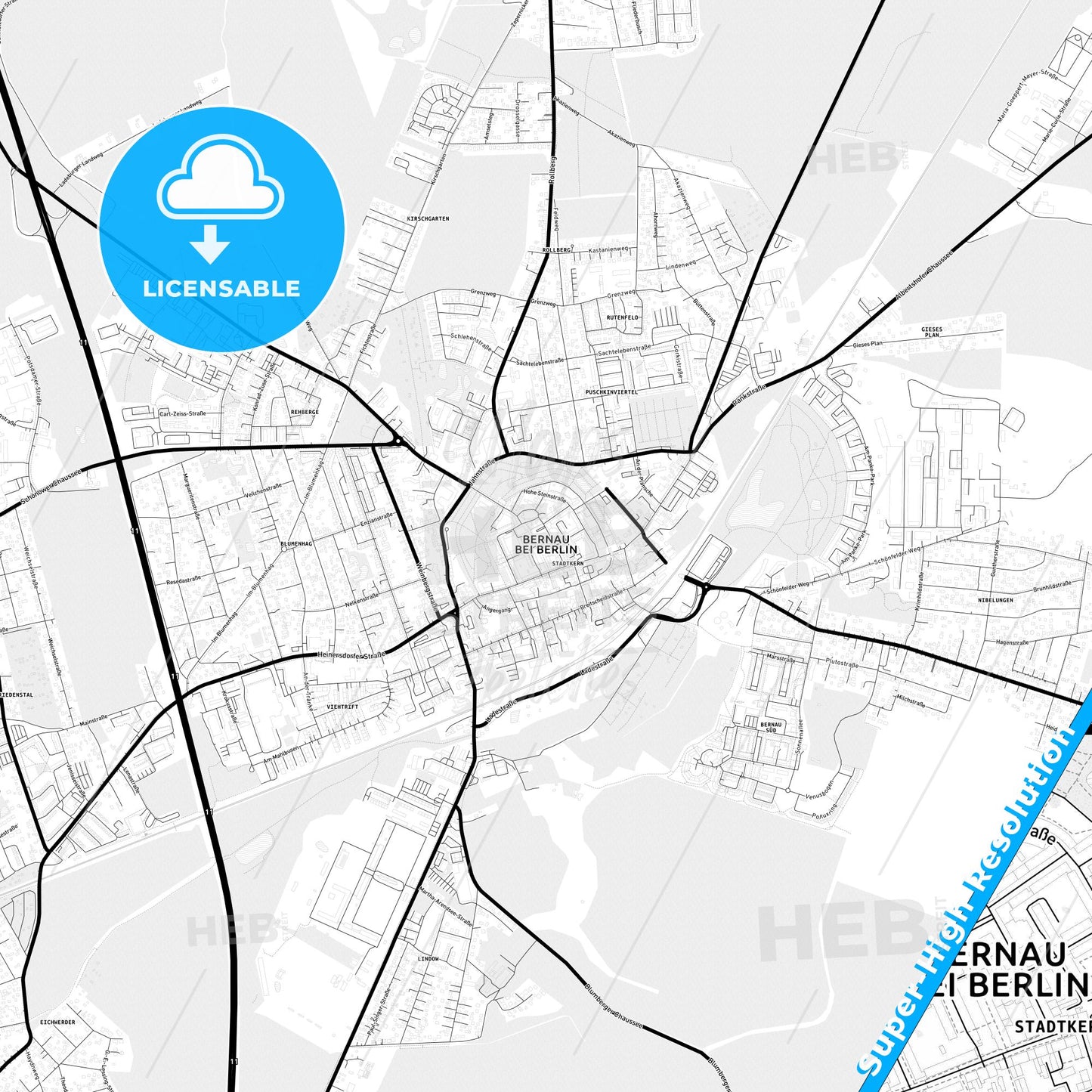 Bernau bei Berlin, Germany Light Map with Street Names, City Names, and Districts