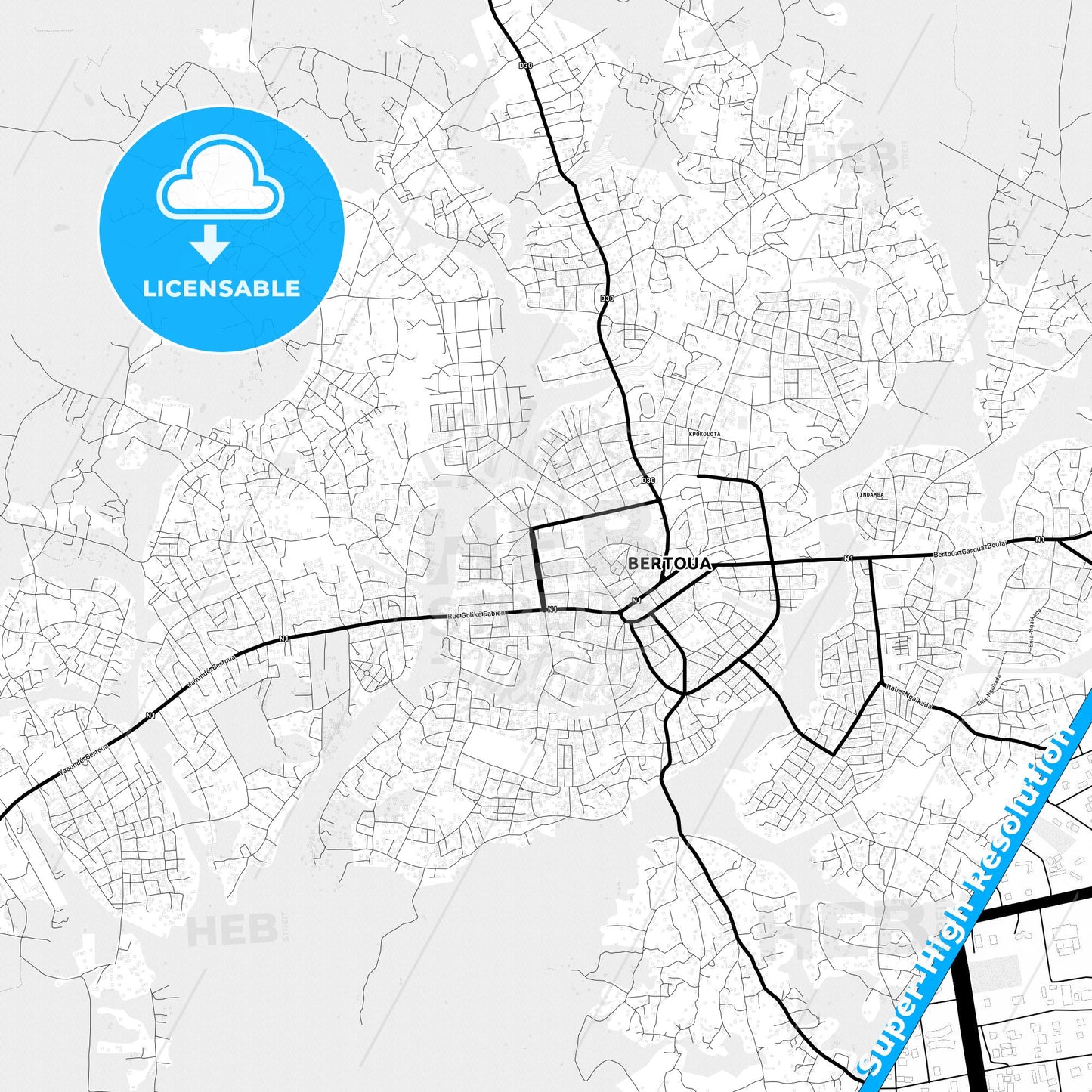 Bertoua, Cameroon Light Map with Street Names, City Names, and Districts