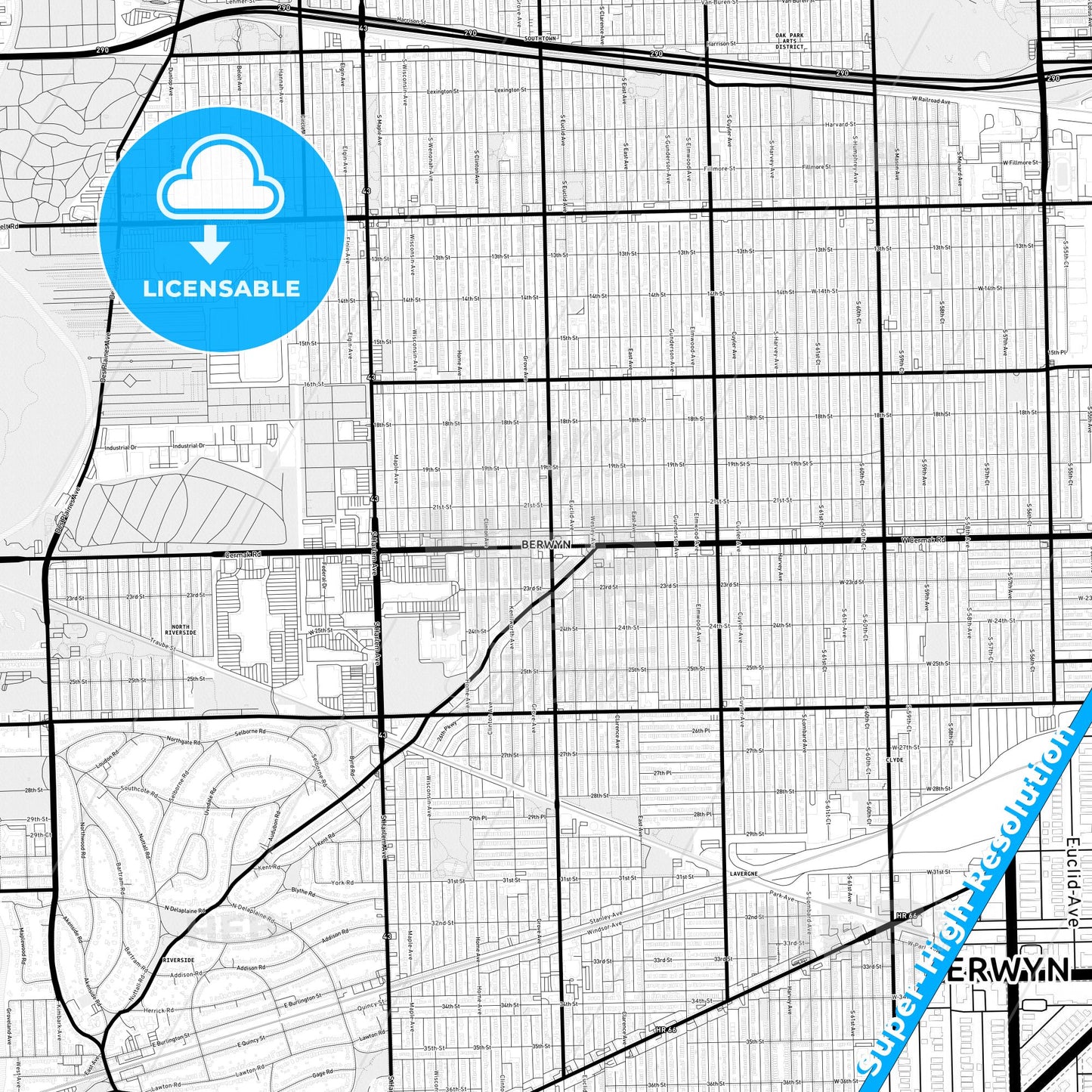 Berwyn, Illinois Light Map with Street Names, City Names, and Districts