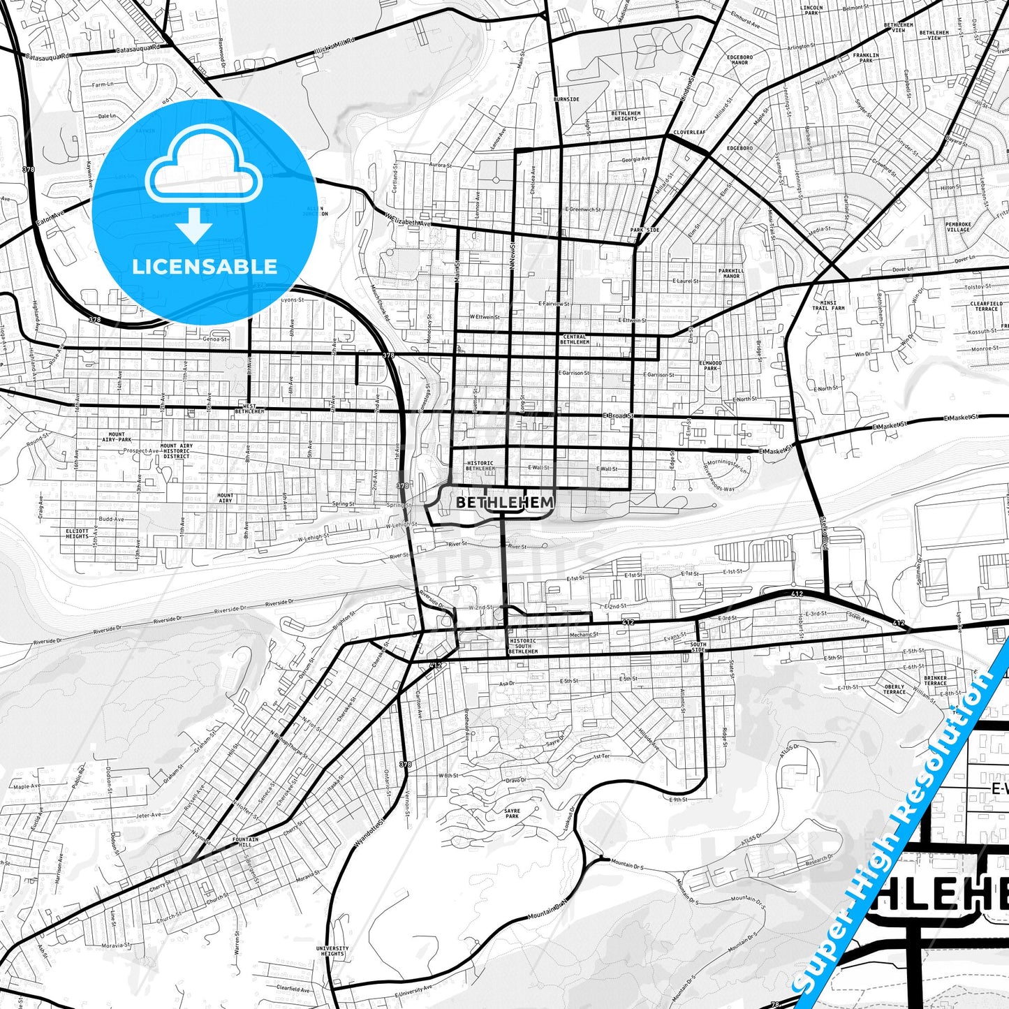 Bethlehem, Pennsylvania Light Map with Street Names, City Names, and Districts