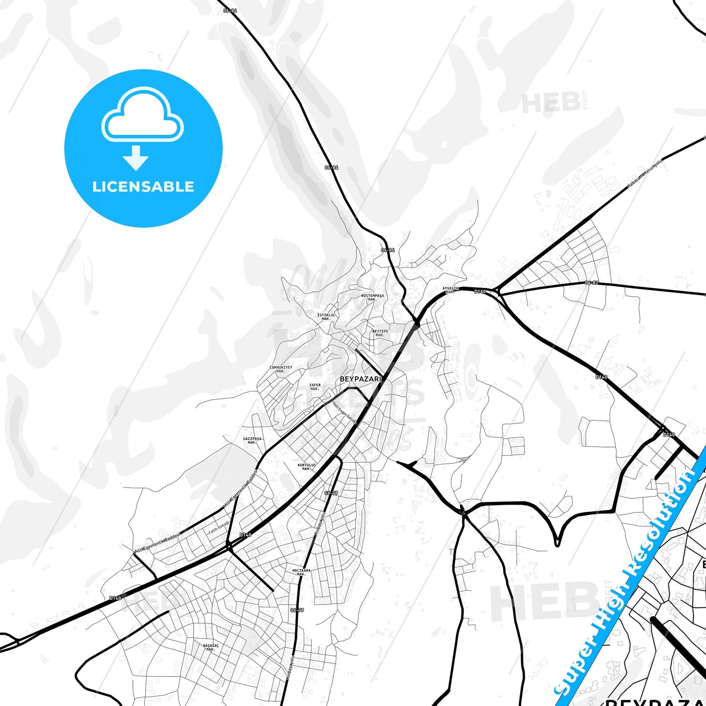 Beypazarı, Turkey Light Map with Street Names, City Names, and Districts