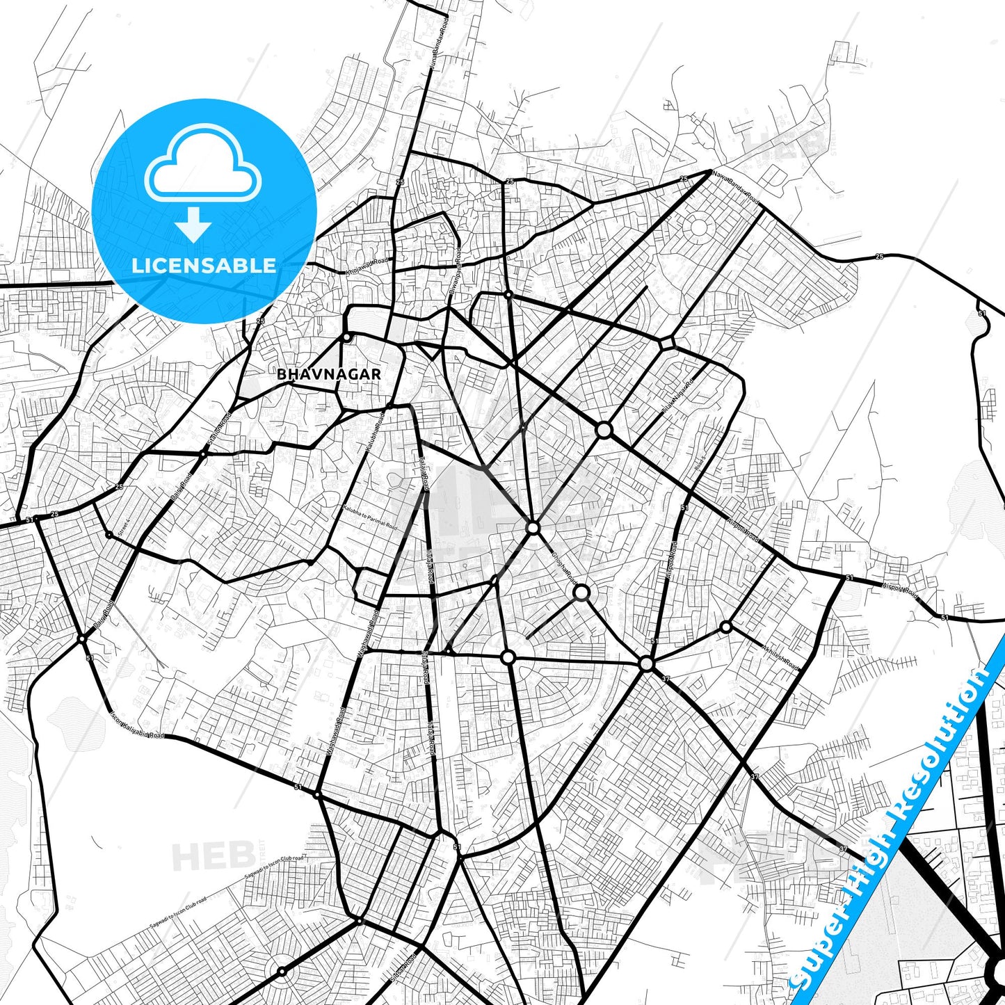 Bhavnagar, India Light Map with Street Names, City Names, and Districts
