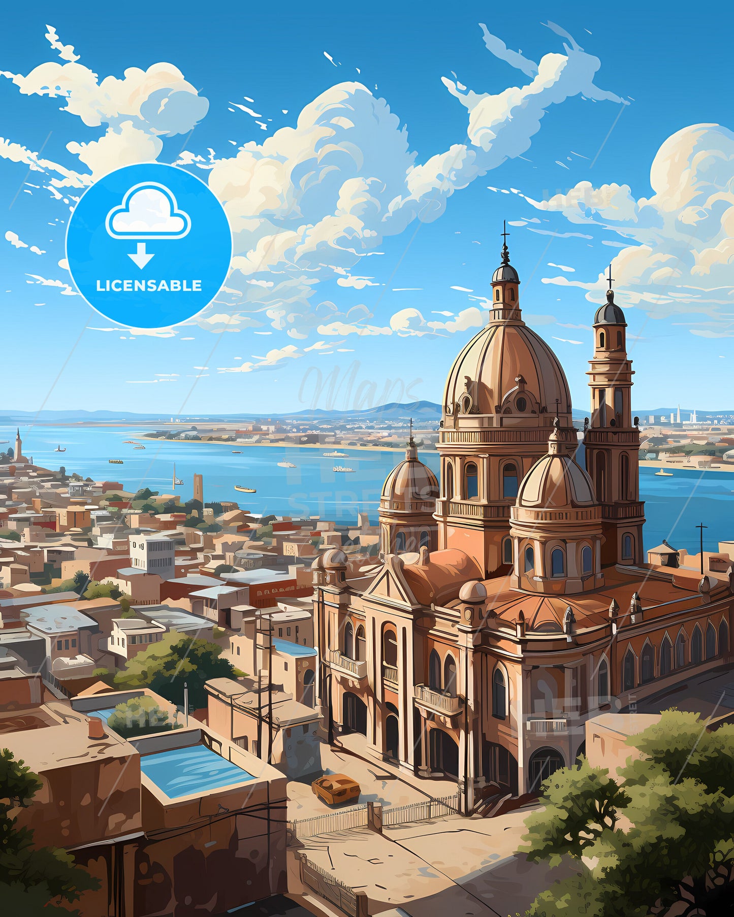 Indian Skyline Painting - Bhopal City Artwork, Waterway, Vibrant, Architecture