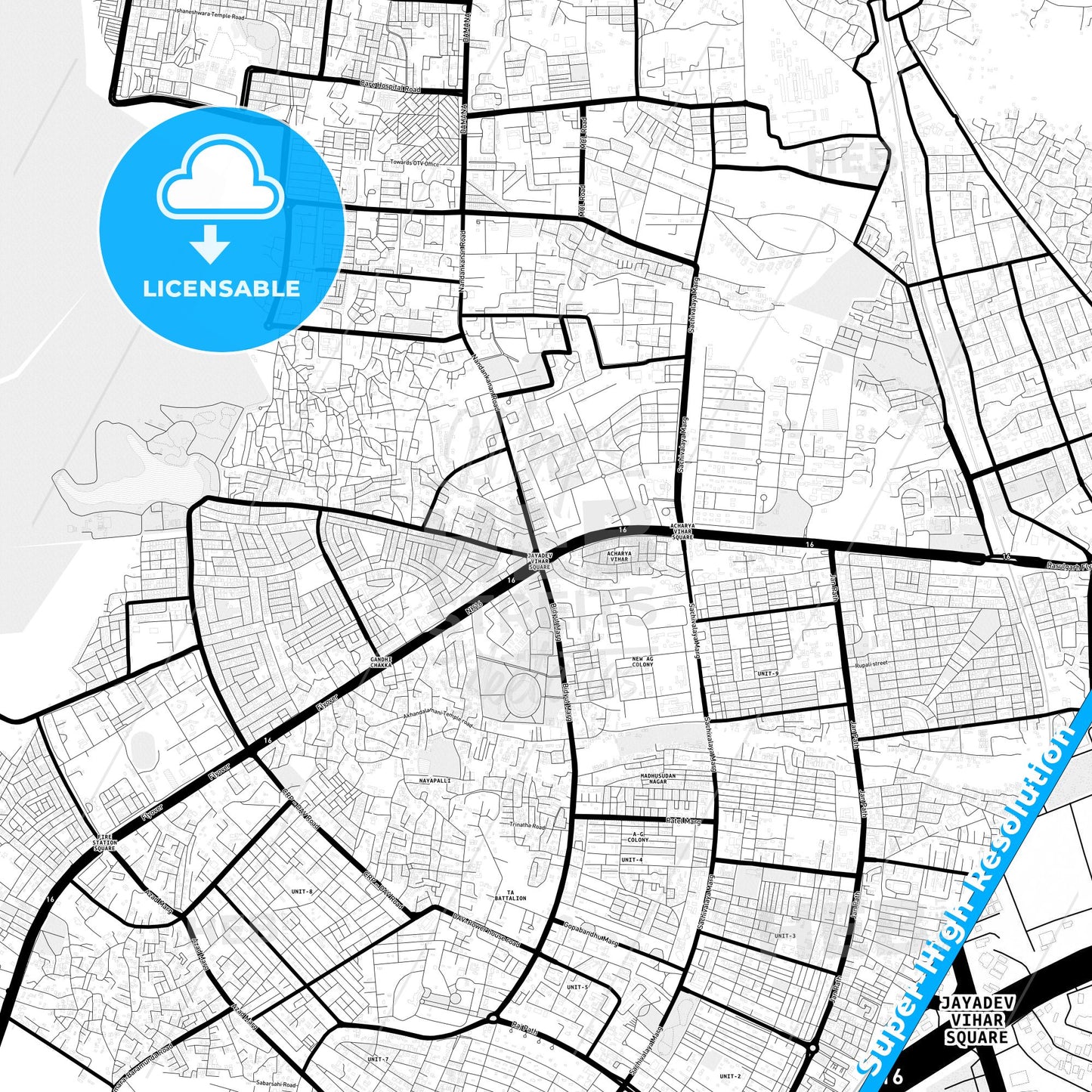 Bhubaneswar, India Light Map with Street Names, City Names, and Districts