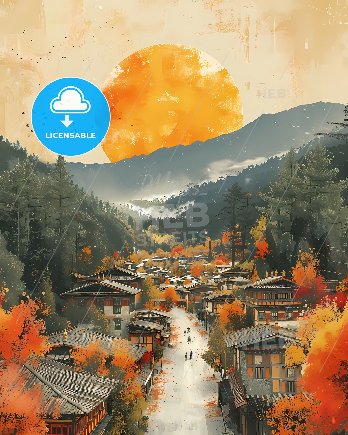 Bhutanese Town Art Painting, South Asia, Traditional, Culture, Architecture, Travel, Landscape