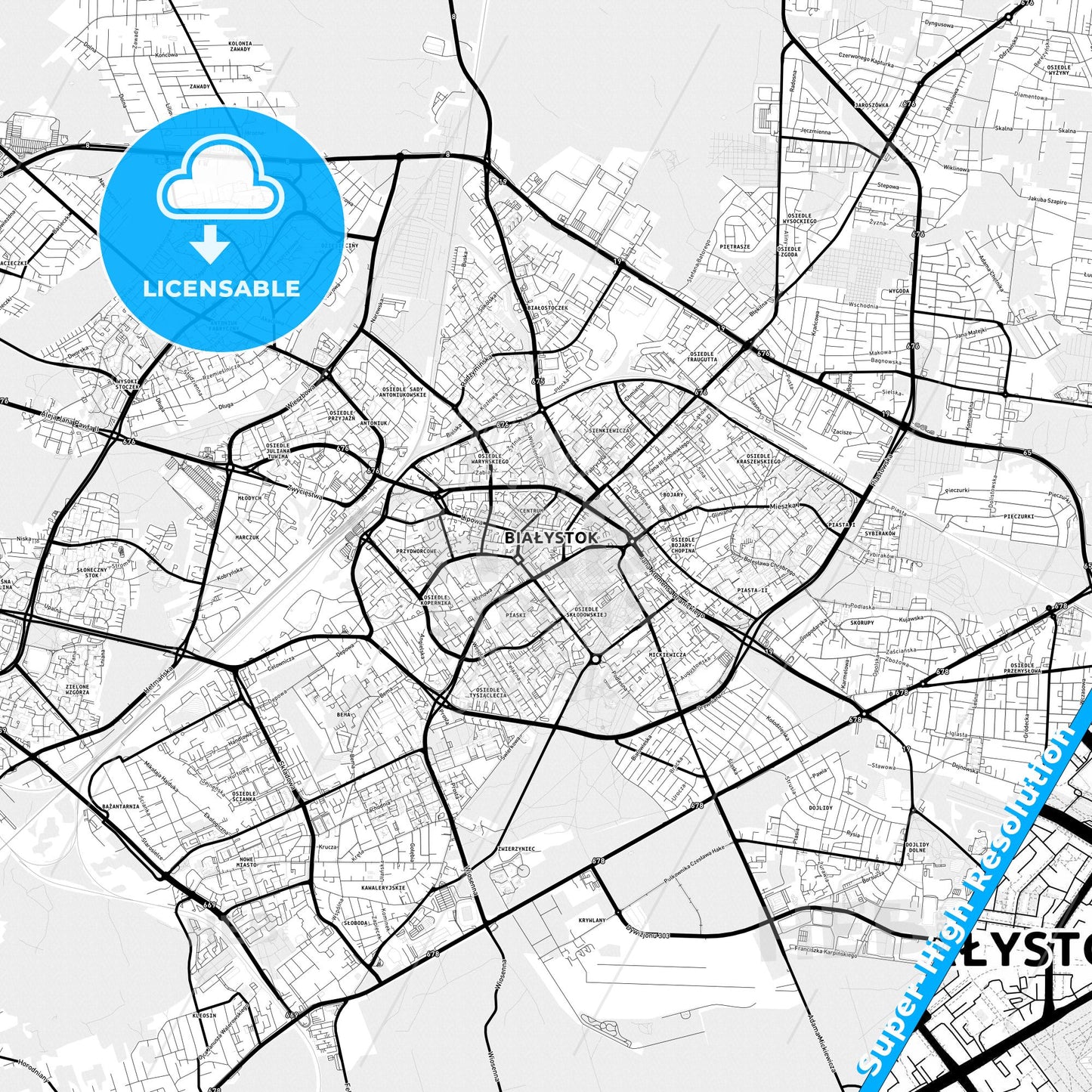 Białystok, Poland Light Map with Street Names, City Names, and Districts