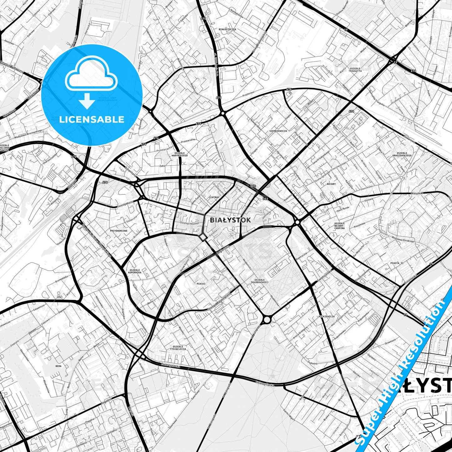 Białystok, Poland Light Map with Street Names, City Names, and Districts