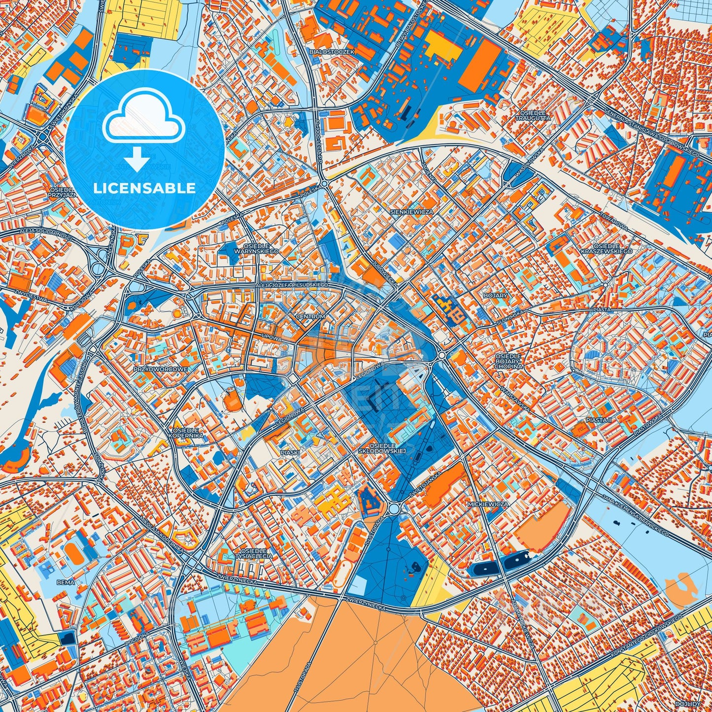 Colorful Białystok Street Map with Labels and Buildings