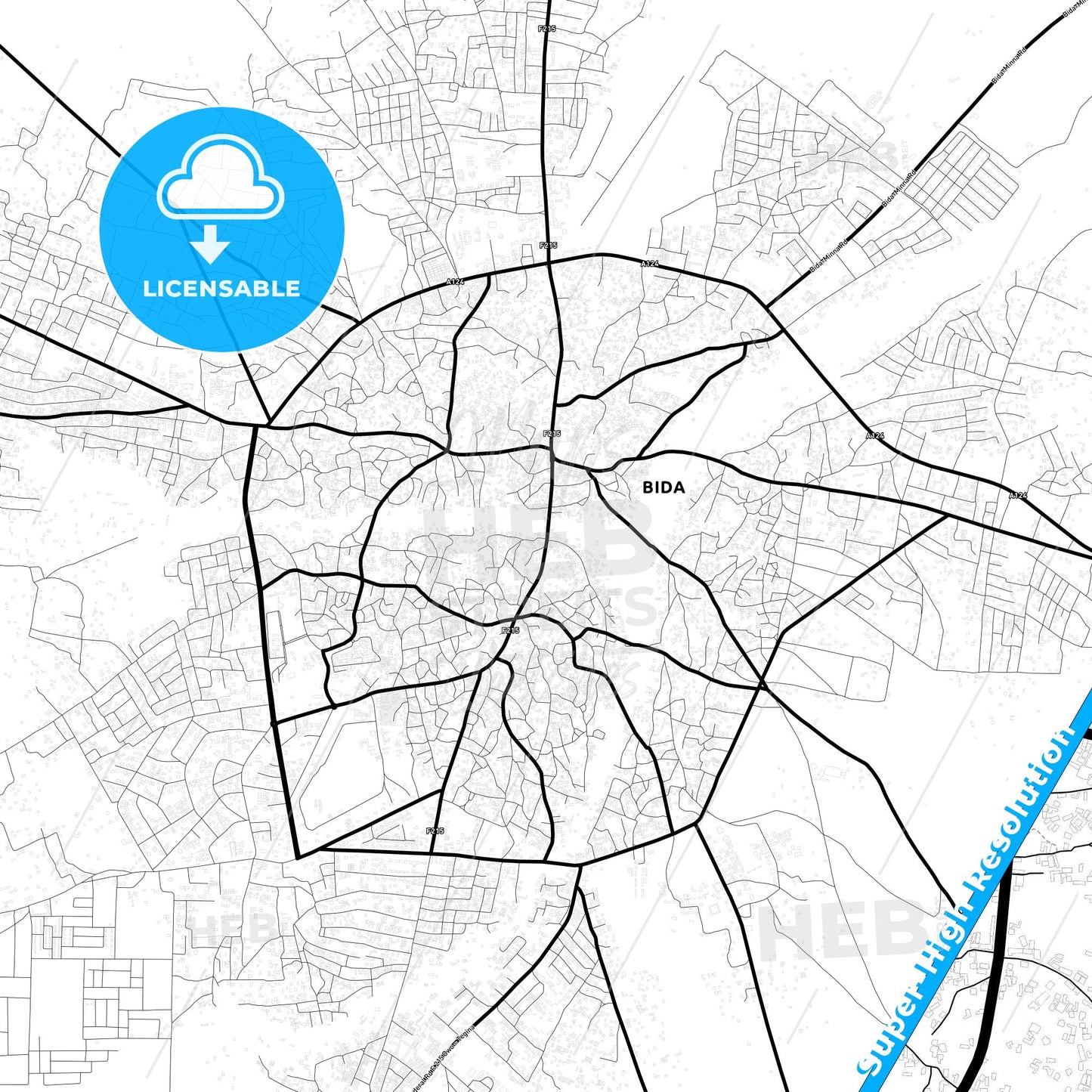 Bida, Nigeria Light Map with Street Names, City Names, and Districts