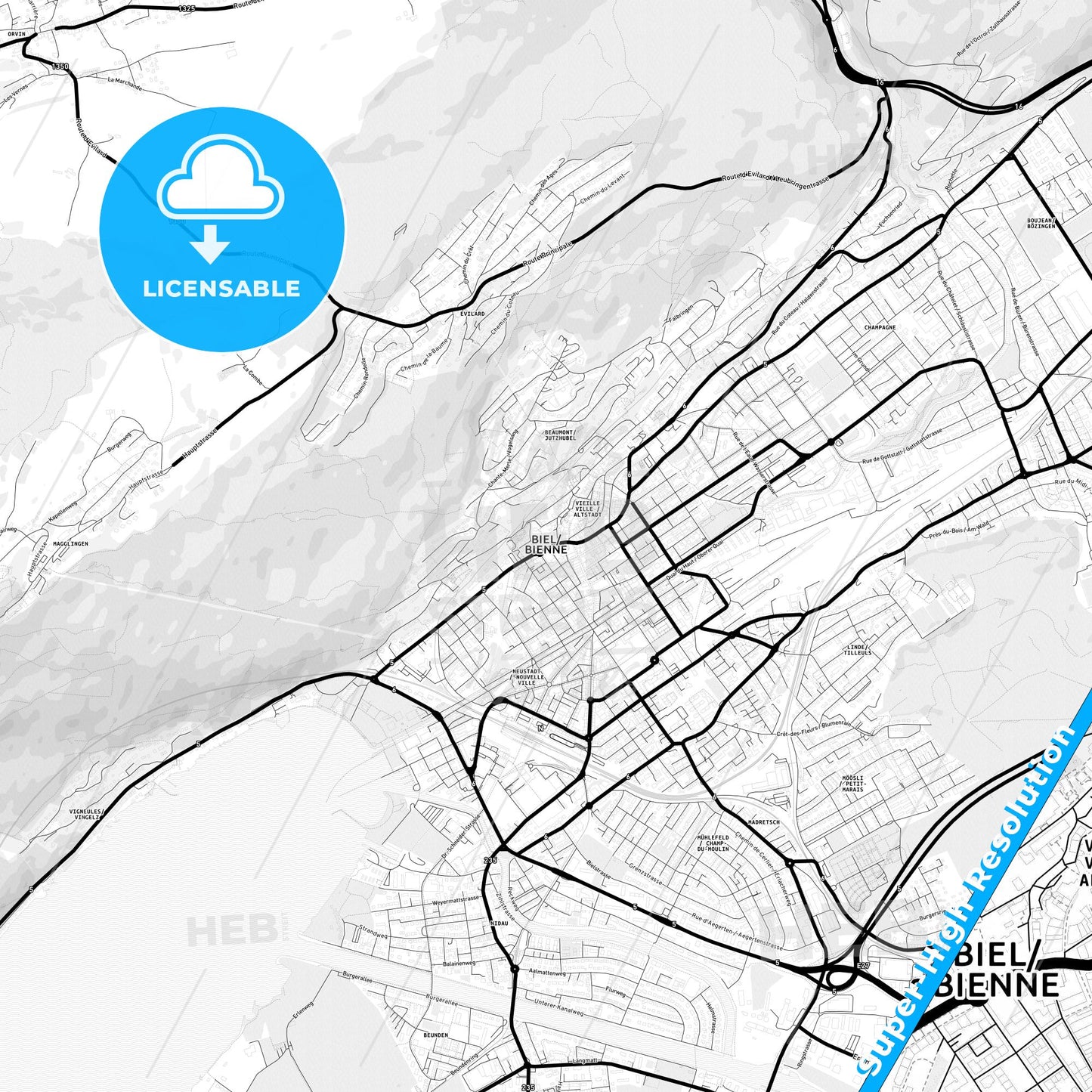 Biel/Bienne, Switzerland Light Map with Street Names, City Names, and Districts