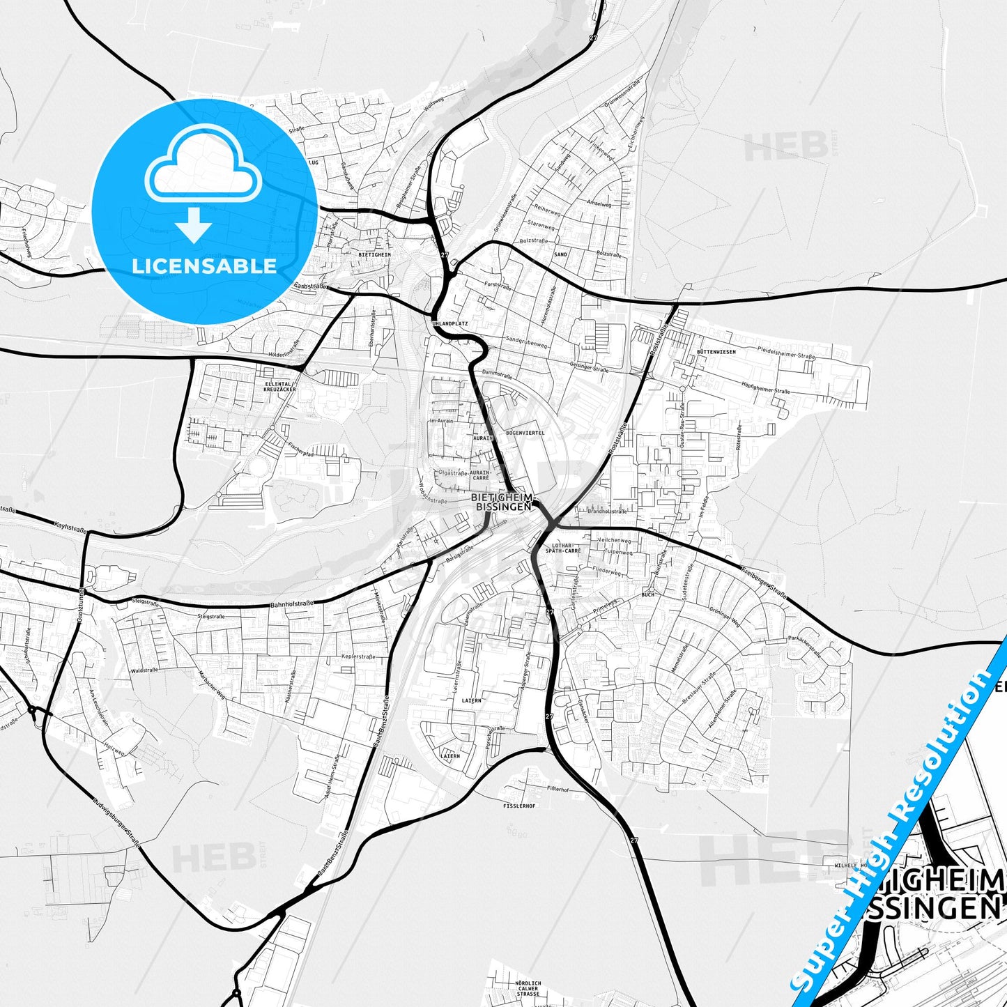 Bietigheim-Bissingen, Germany Light Map with Street Names, City Names, and Districts