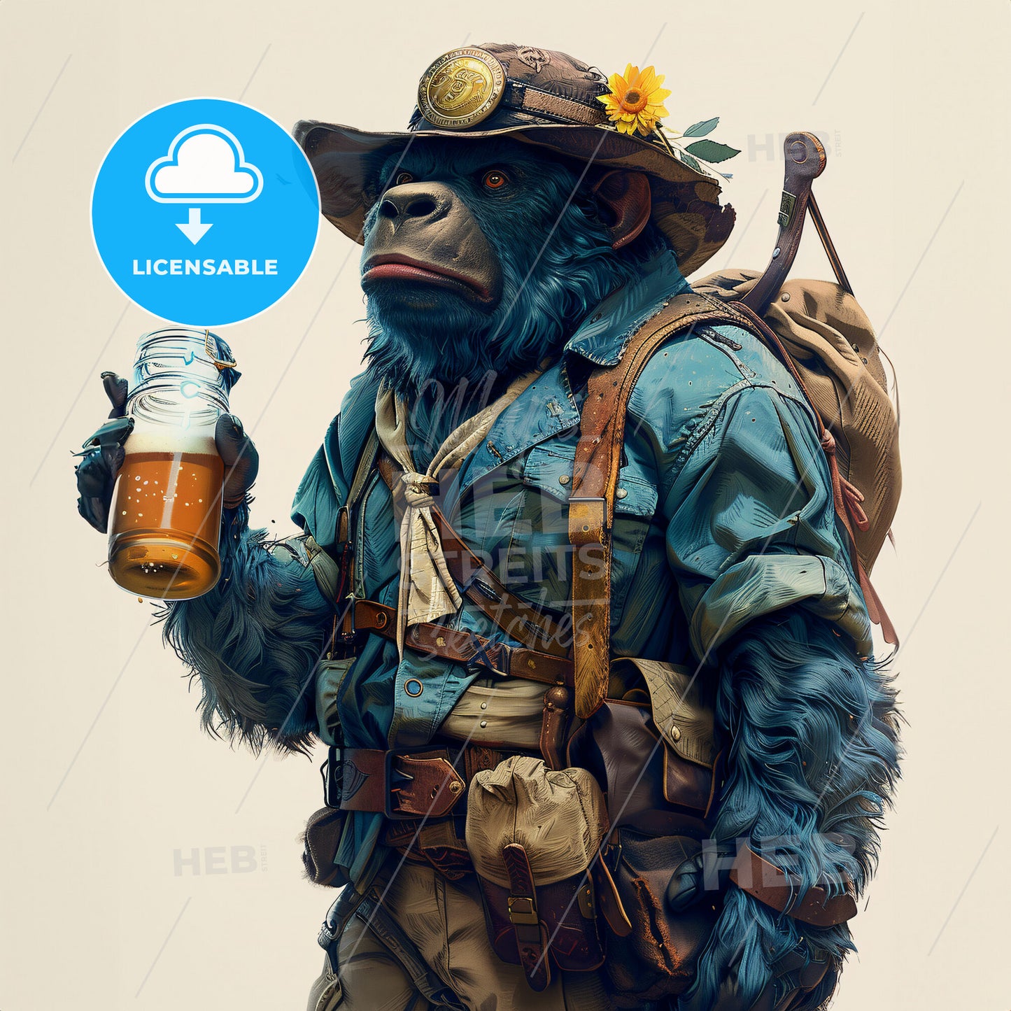 A Gorilla Wearing A Hat And Holding A Glass Of Beer