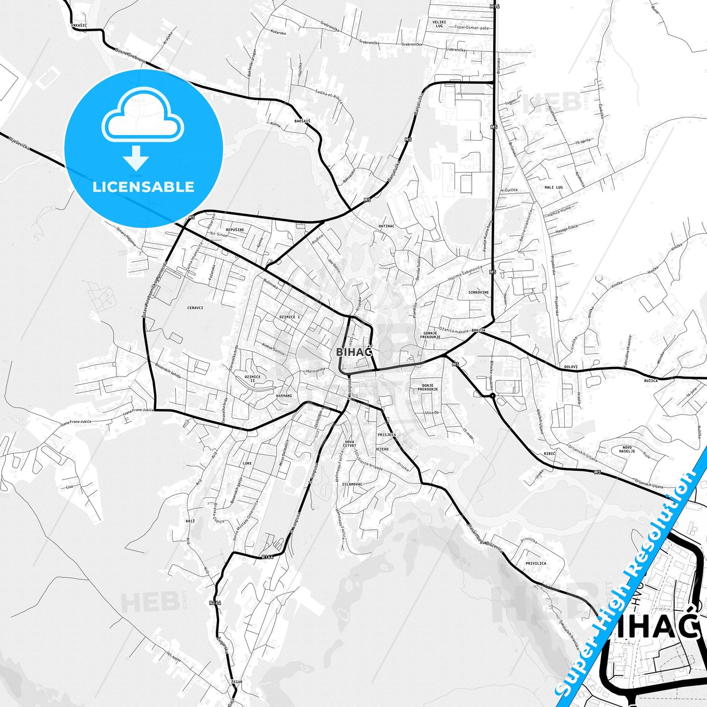 Bihać, Bosnia and Herzegovina Light Map with Street Names, City Names, and Districts