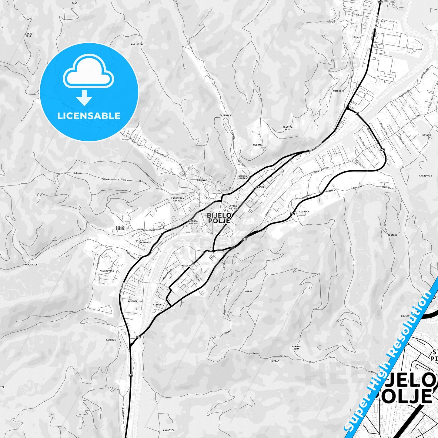 Bijelo Polje, Montenegro Light Map with Street Names, City Names, and Districts