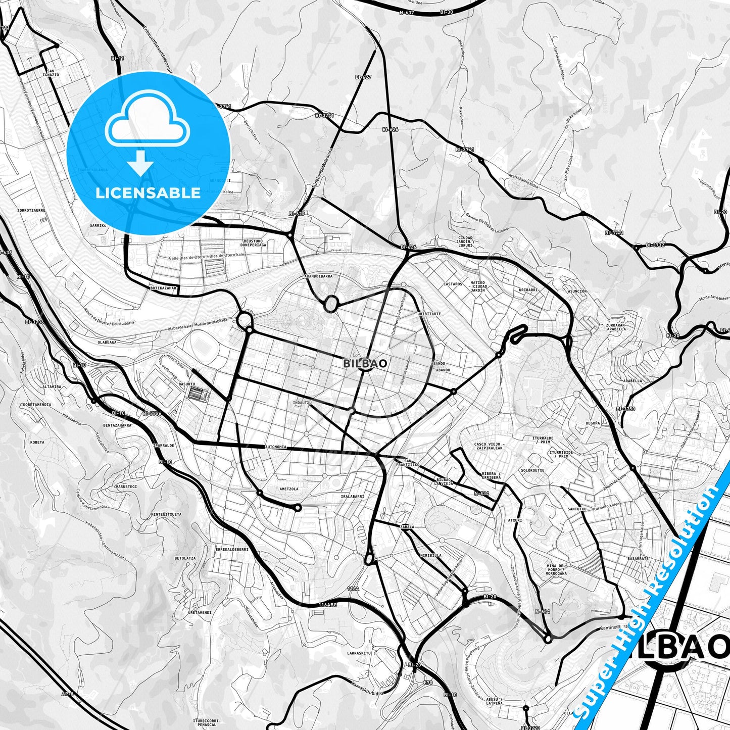 Bilbao, Spain Light Map with Street Names, City Names, and Districts