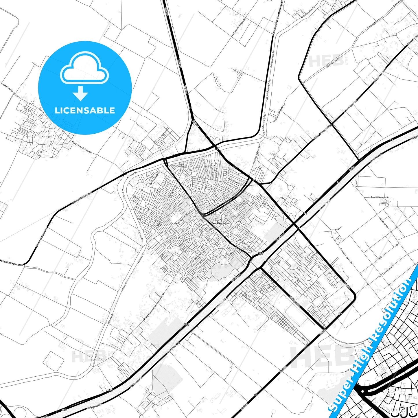 Bilbays, Egypt Light Map with Street Names, City Names, and Districts