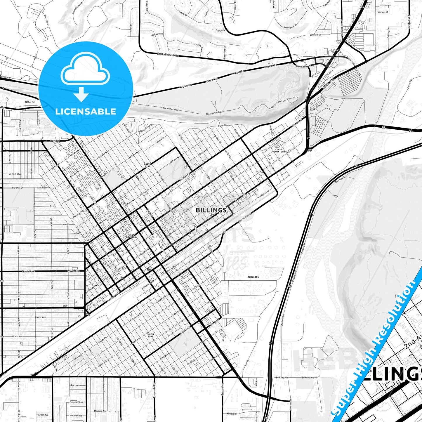 Billings, Montana Light Map with Street Names, City Names, and Districts