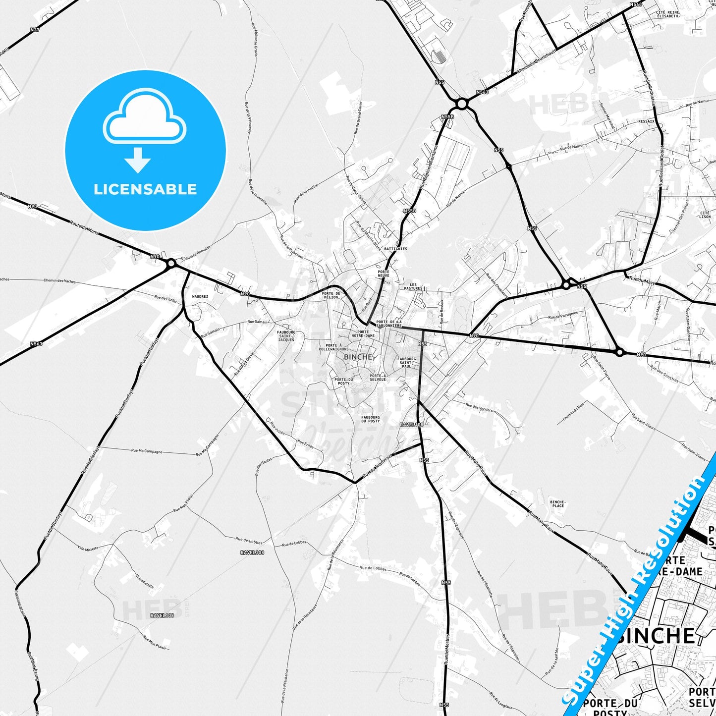 Binche, Belgium Light Map with Street Names, City Names, and Districts