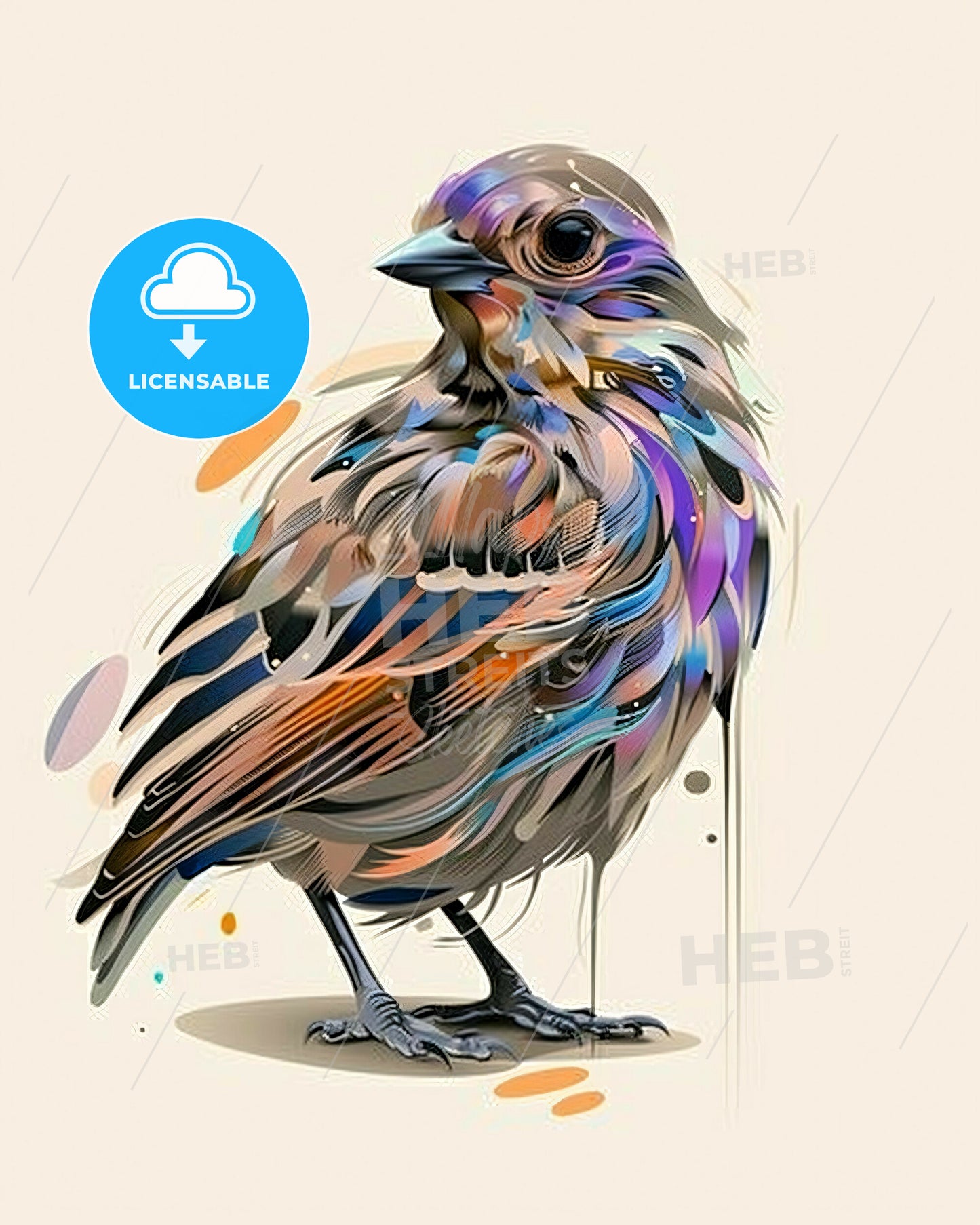 Bold Skies: Avian Abstract in Muted Hues - A colorful bird with paint splashes