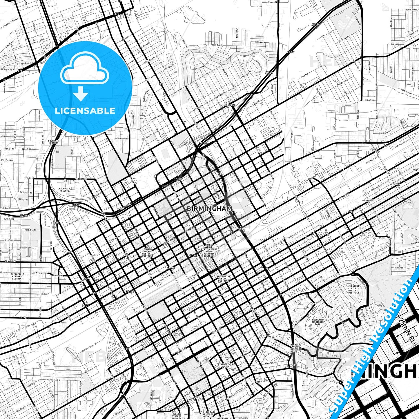 Birmingham, Alabama Light Map with Street Names, City Names, and Districts