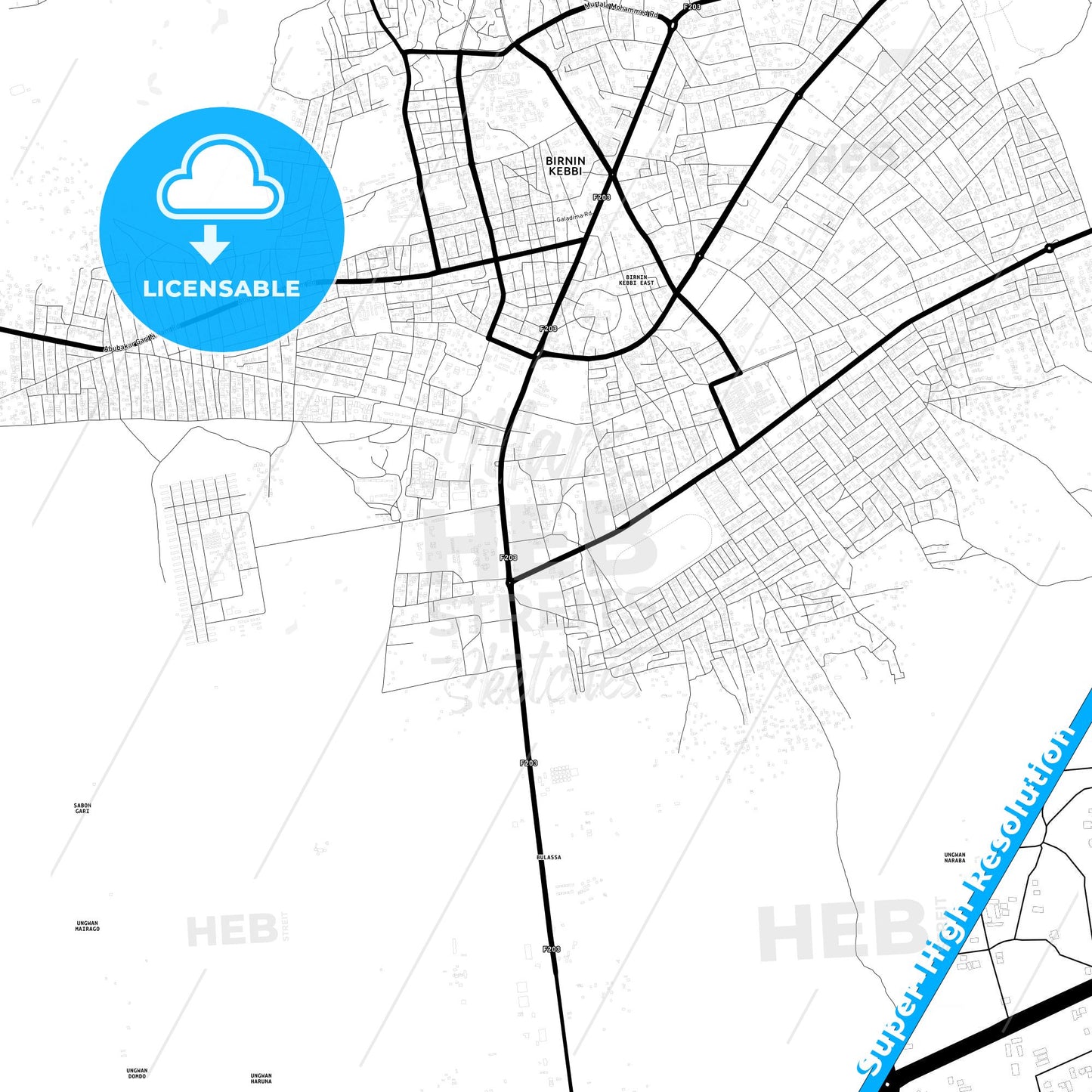 Birnin Kebbi, Nigeria Light Map with Street Names, City Names, and Districts