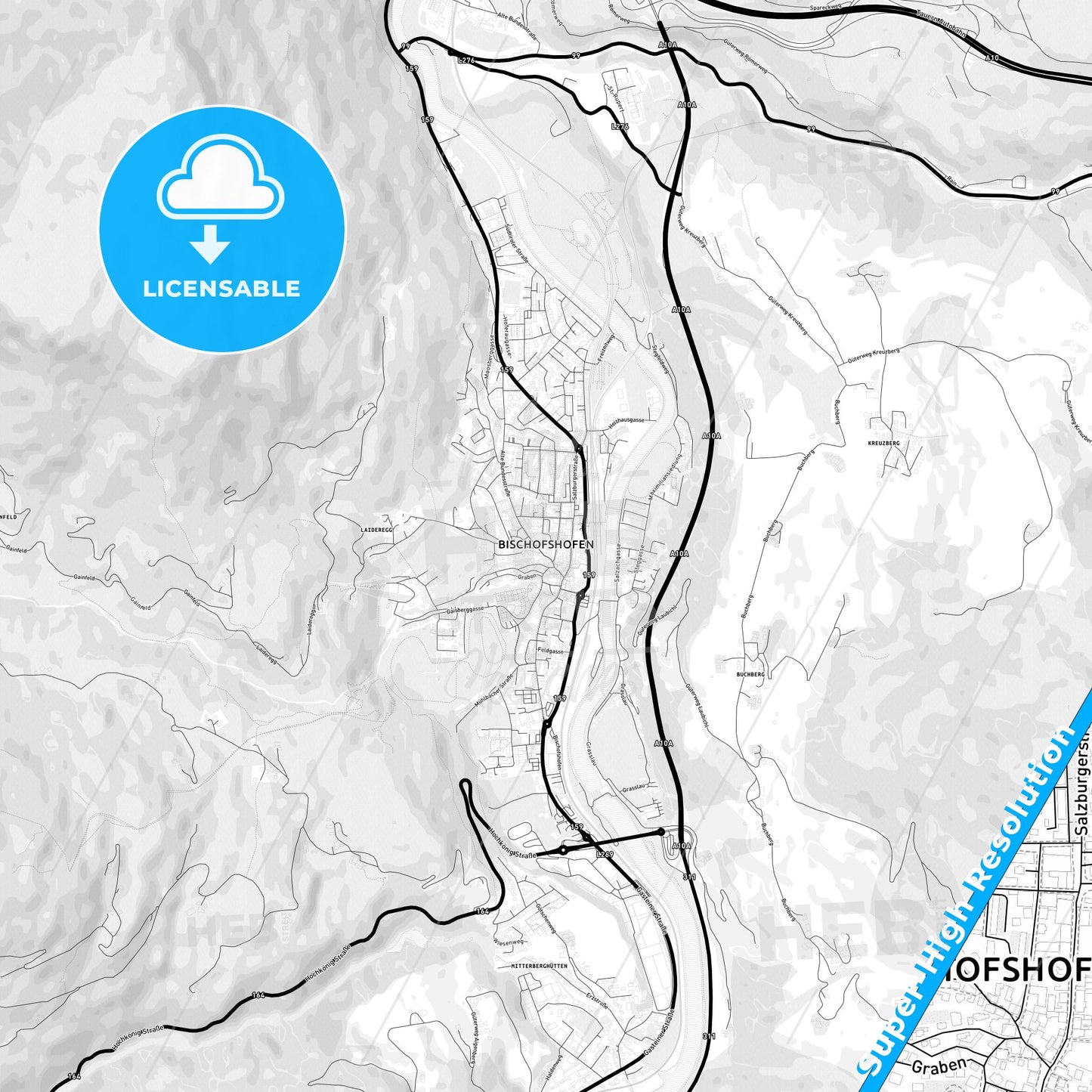 Bischofshofen, Austria Light Map with Street Names, City Names, and Districts