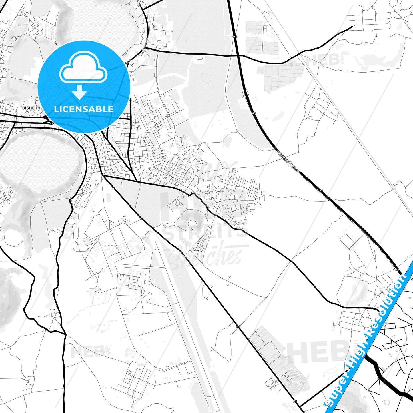 Bishoftu, Ethiopia Light Map with Street Names, City Names, and Districts