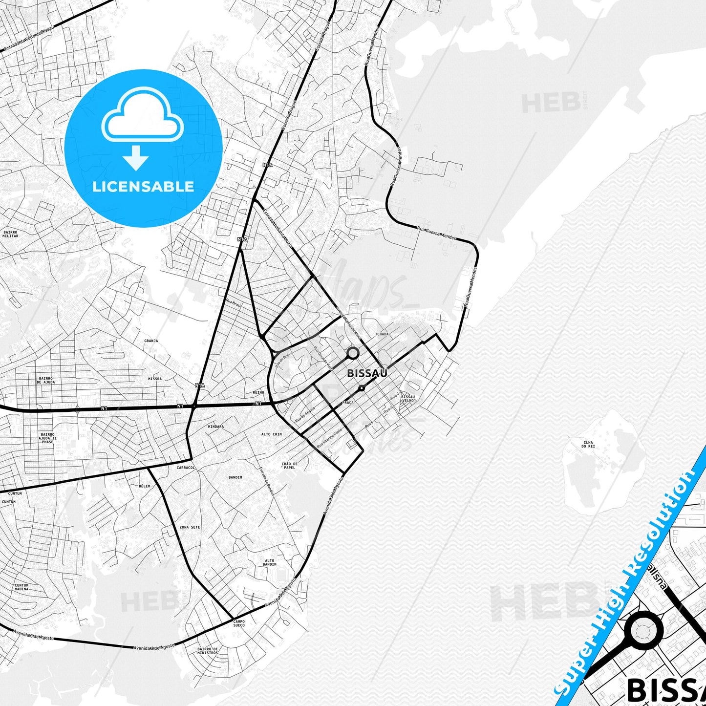 Bissau, Guinea Bissau Light Map with Street Names, City Names, and Districts