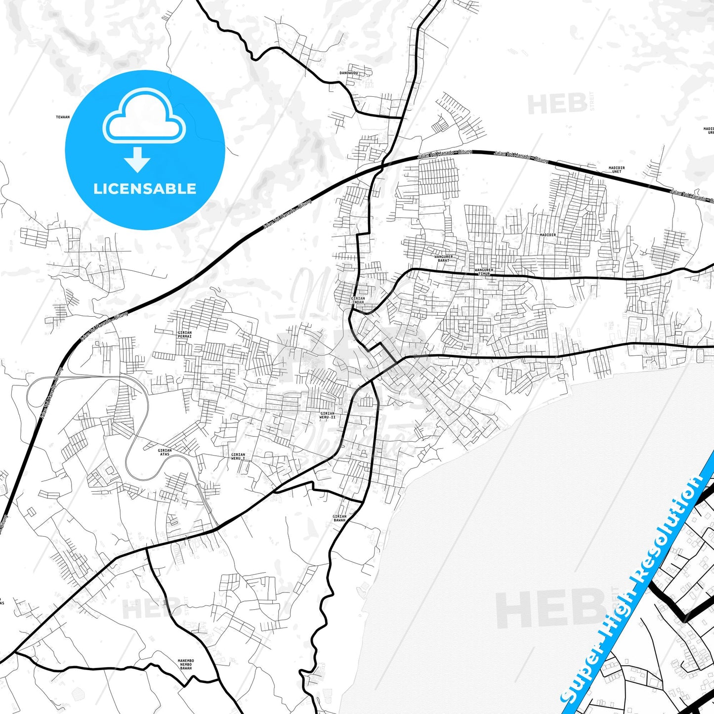Bitung, Indonesia Light Map with Street Names, City Names, and Districts