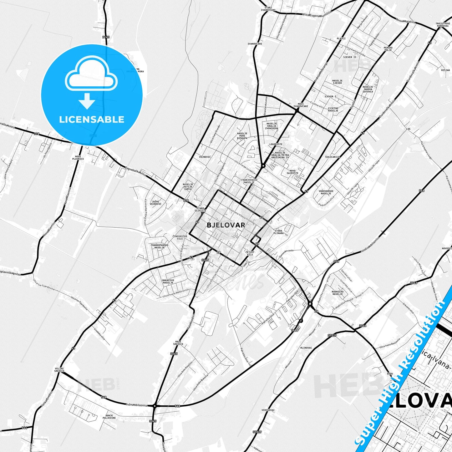 Bjelovar, Croatia Light Map with Street Names, City Names, and Districts