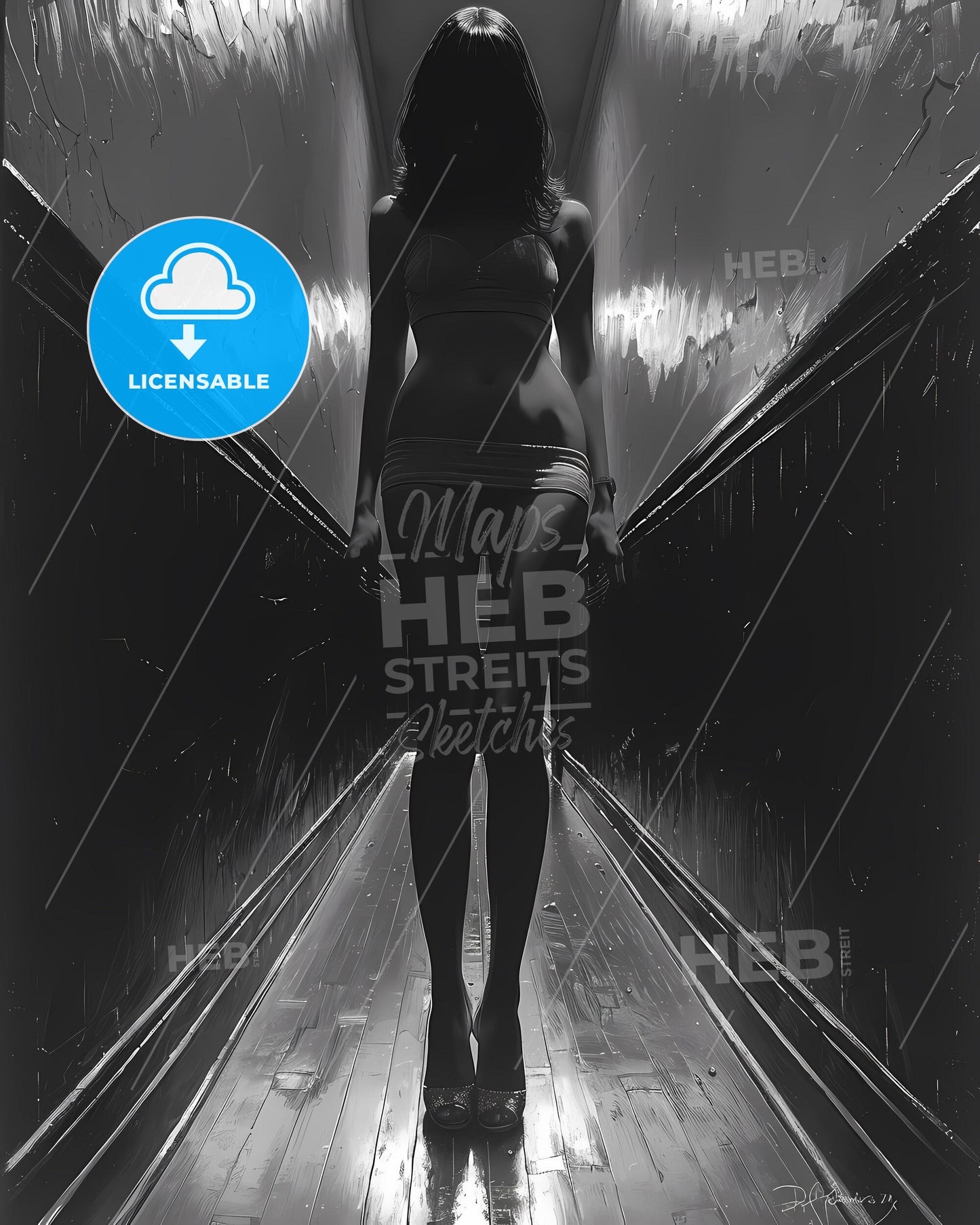 Enigmatic Femme Fatale: Noir-inspired, Elegant, 1940s Vibes. Artistic portrayal of a mysterious woman in dimly-lit hallway.