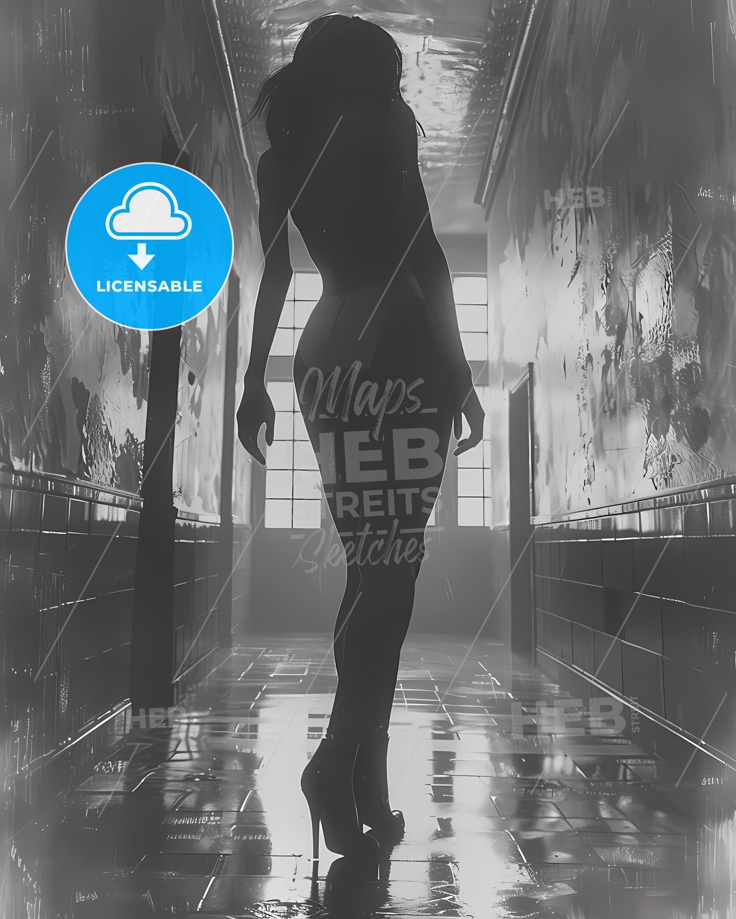 Film Noir Femme Fatale: Mysterious Black and White Painting of Shadowy Woman in Heels in Dim Lit Hallway