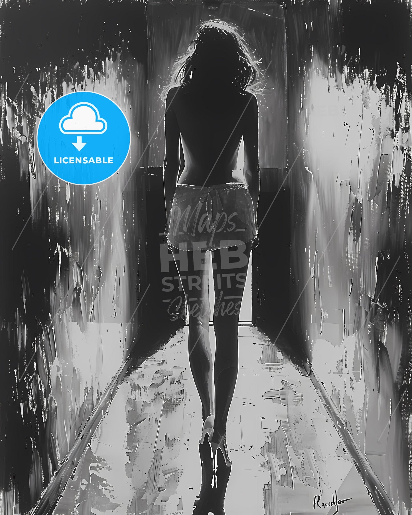 Mysteriously Elegant Monotone Femme Fatale in a Film Noir-Inspired Painting