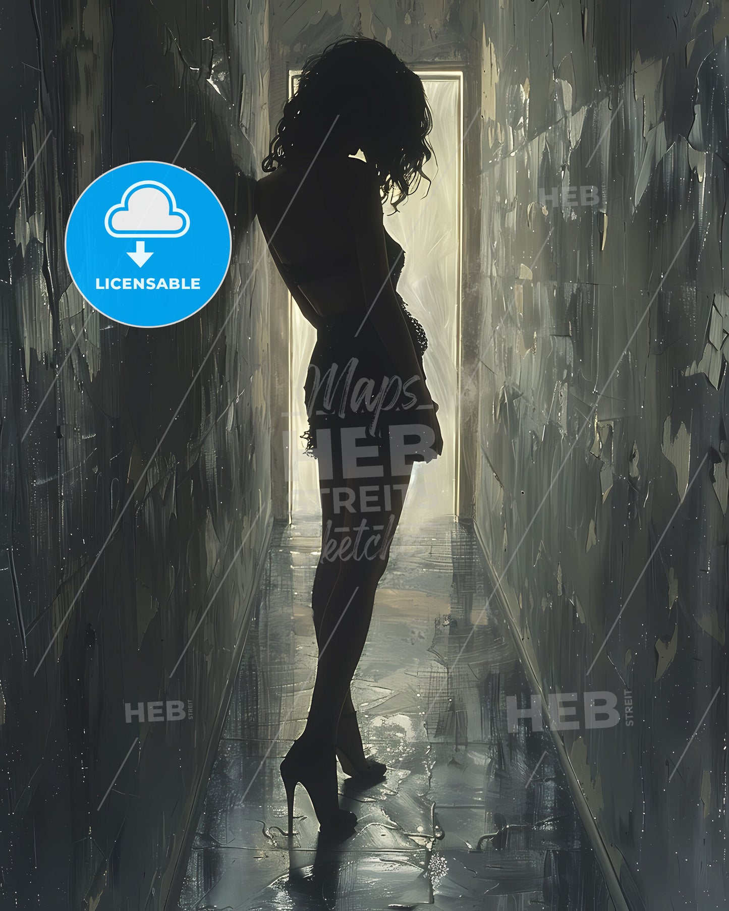 Mysterious Femme Fatale in Black and White Painting: Cinematic, Noir-Inspired, Dreamy Silhouette in Dim Lit Hallway