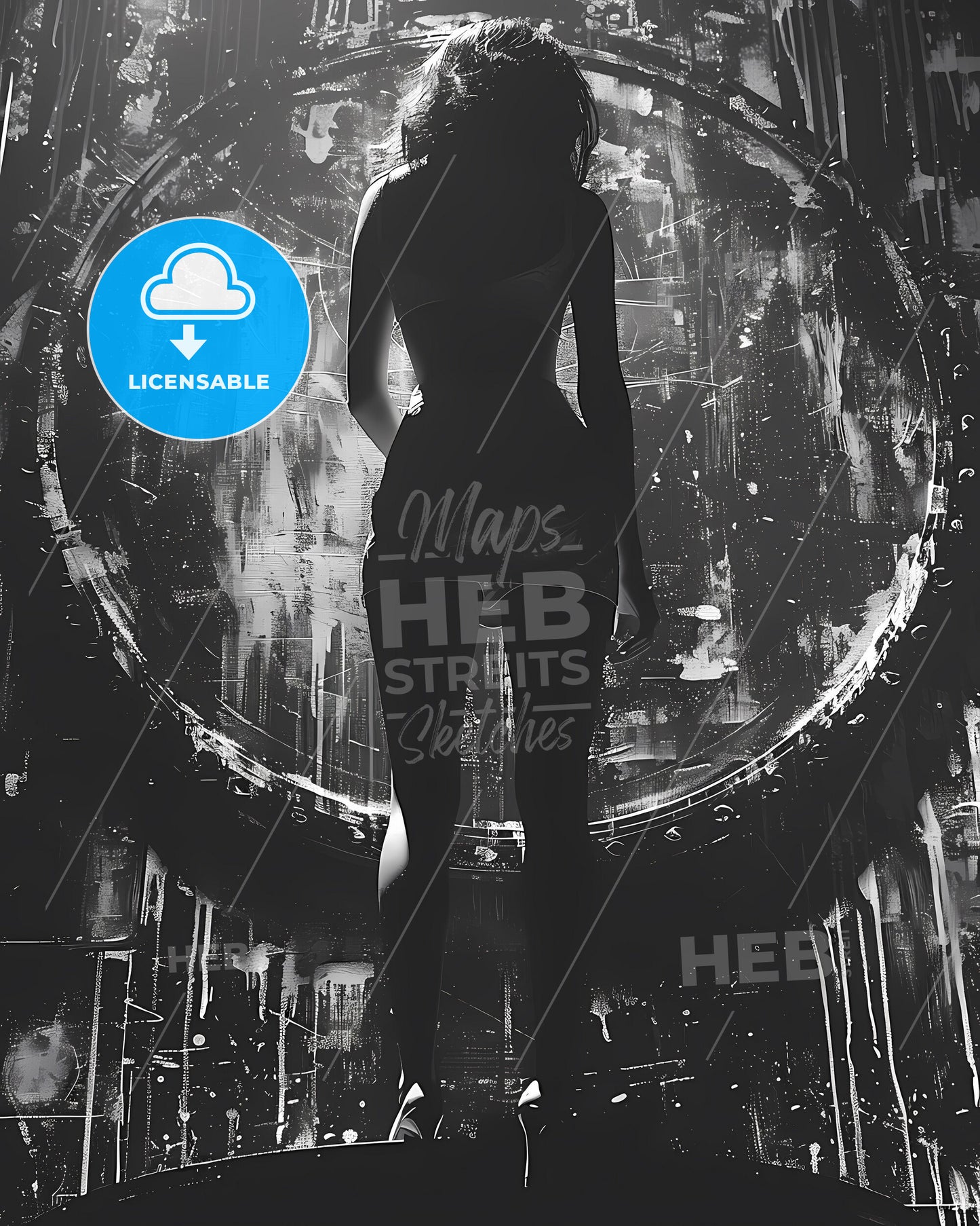 Black and White Painting: Mysterious Femme Fatale in Heels, Low Angle, Techno Club, Film Noir, Conceptual Elegance, Opulent, 1940s