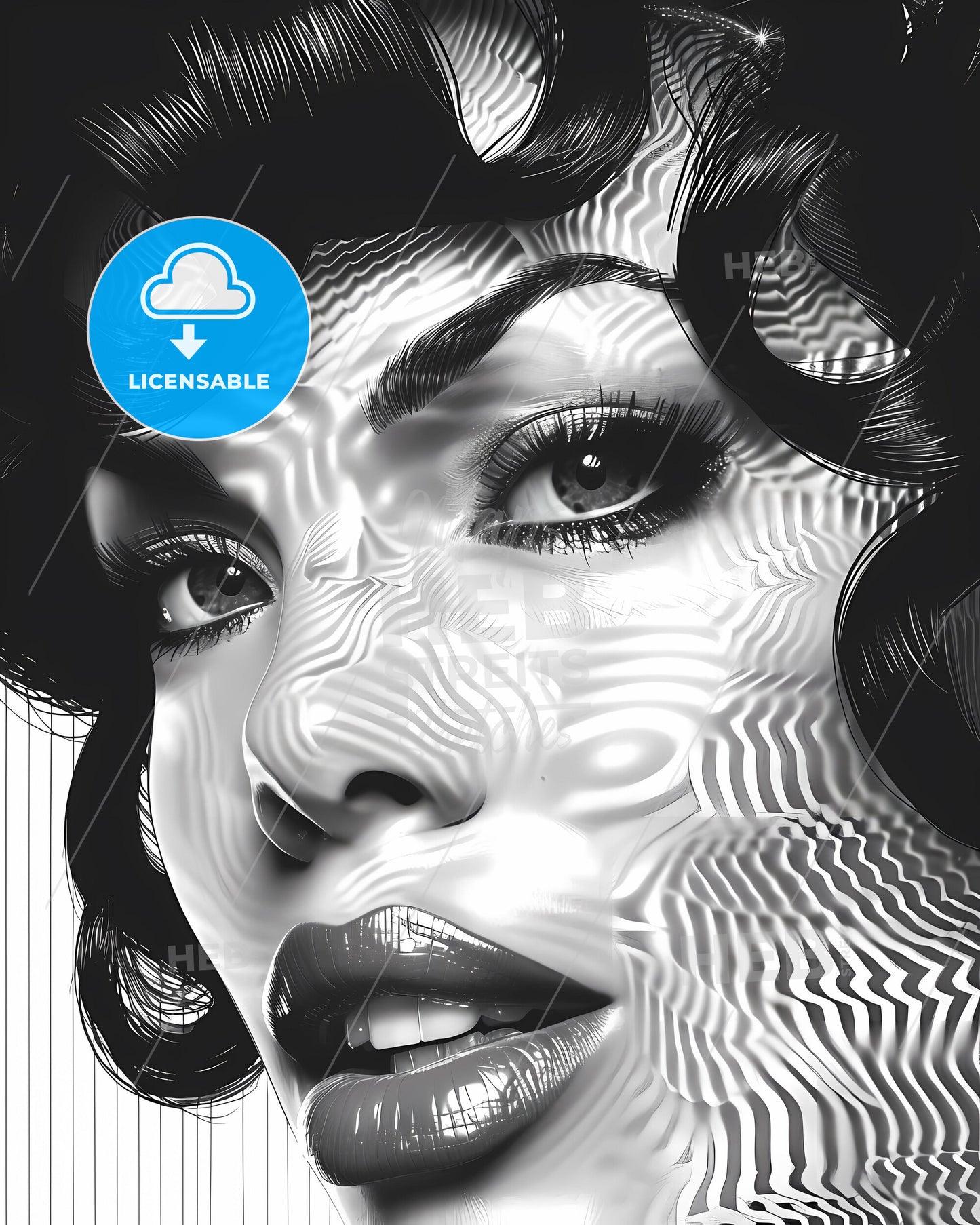 Pop Art Screen Print: Black and White Portrait of Woman with Bold, Curly Hair on White Background