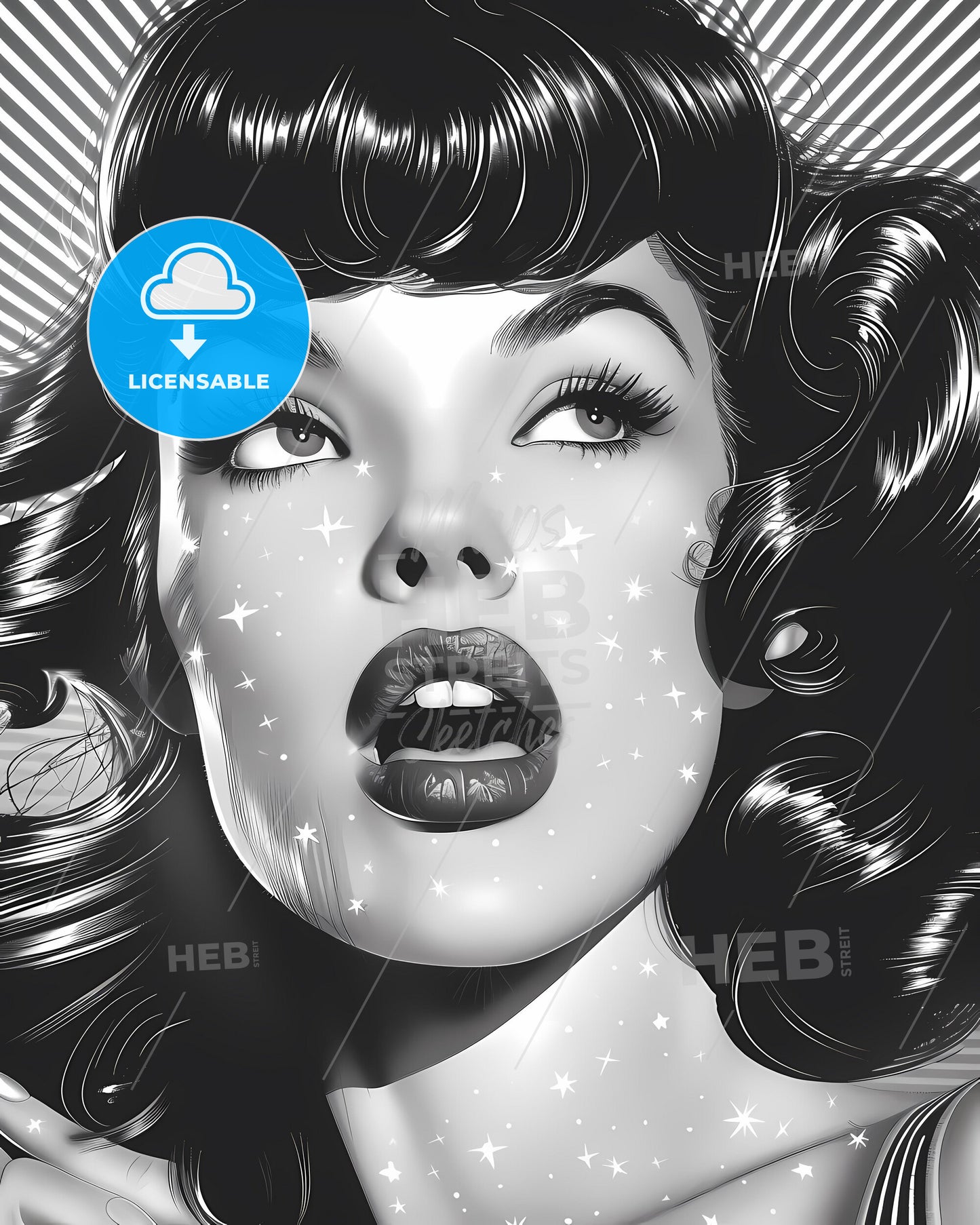 Art Deco Pop Art Style Woman with Curly Hair and Stars on Face Print Wall Decor Screen Printed Black and White