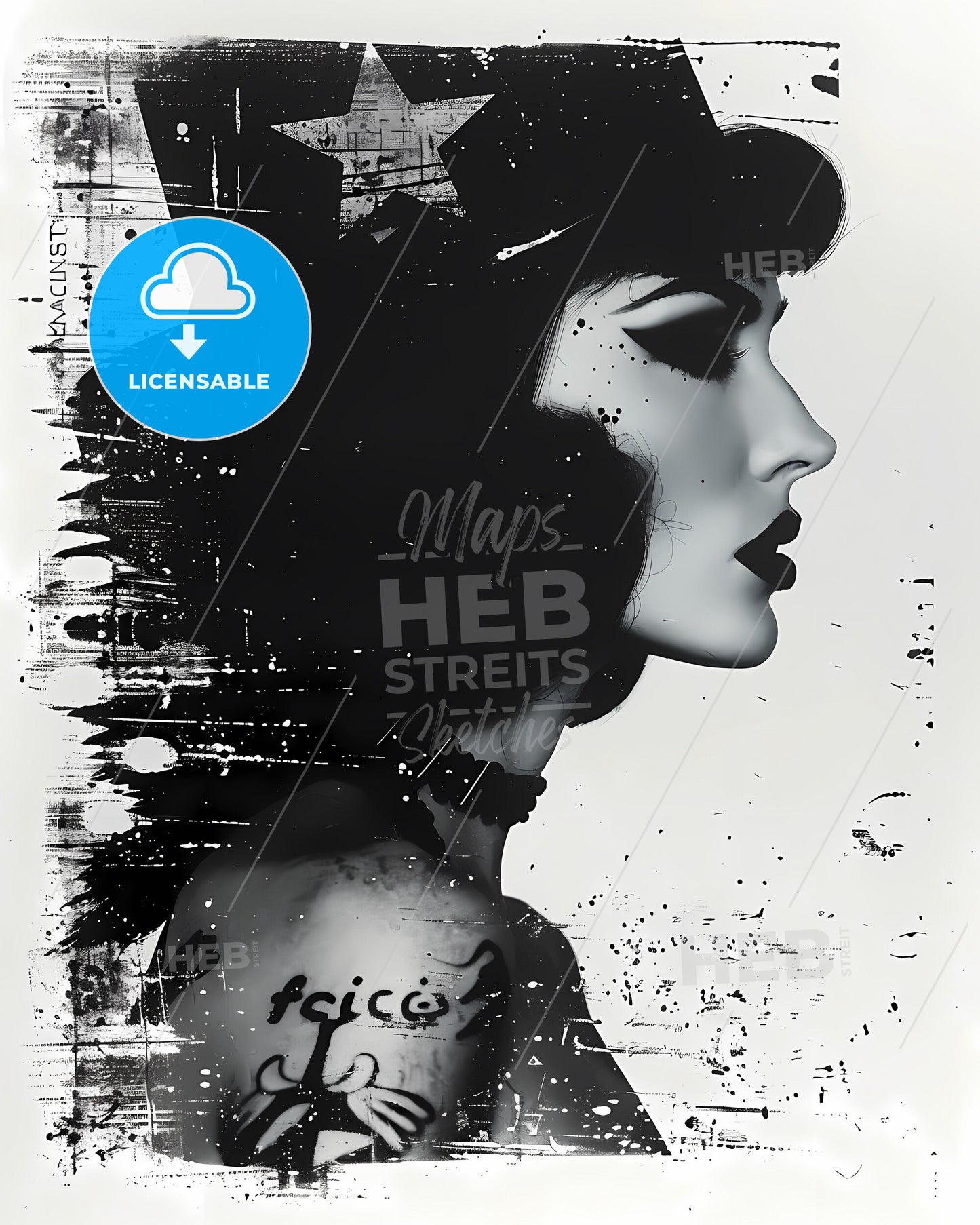 Modern art print, abstract woman portrait, black hair, tattoo, vibrant colors, white background, home decor, digital art, contemporary, unique