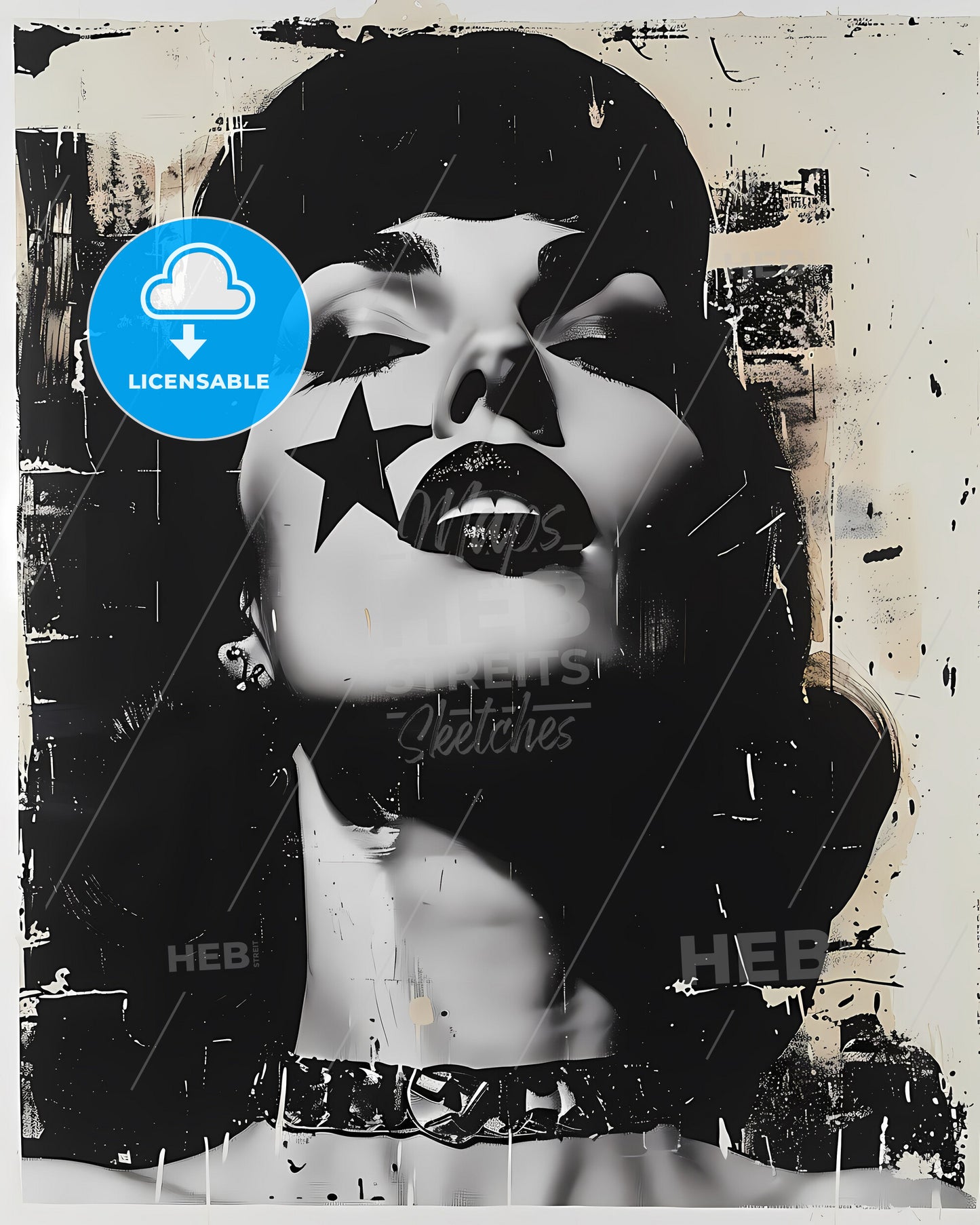 Contemporary Art Print, Abstract Painting, Female Portrait, Vibrant Colors, Black Lipstick, Star Motif