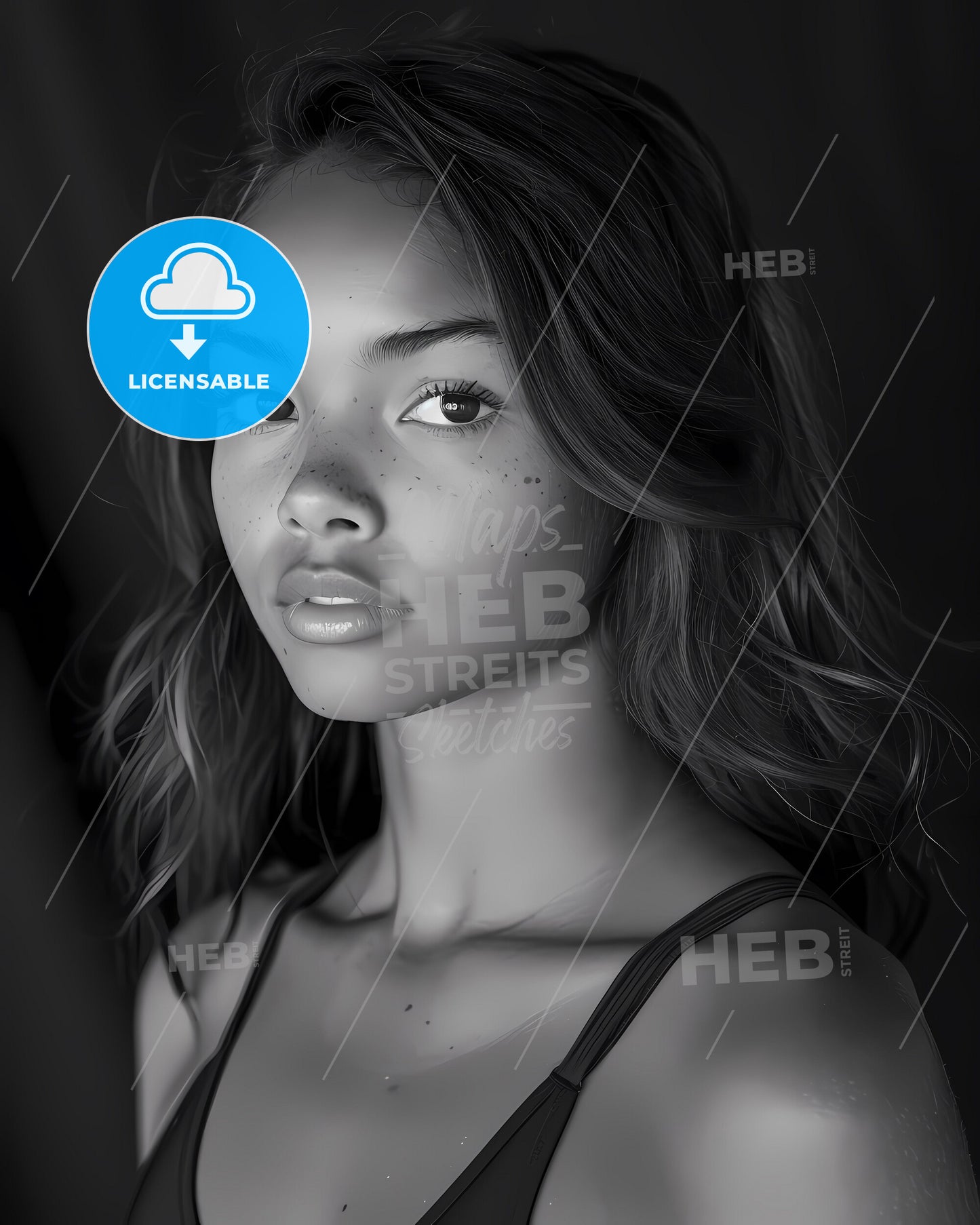Black and white portrait photography of a female model with intricate details, standing pose, full-body, realistic painting, black swimwear, cinematic back lighting - long hair, freckles, modern art