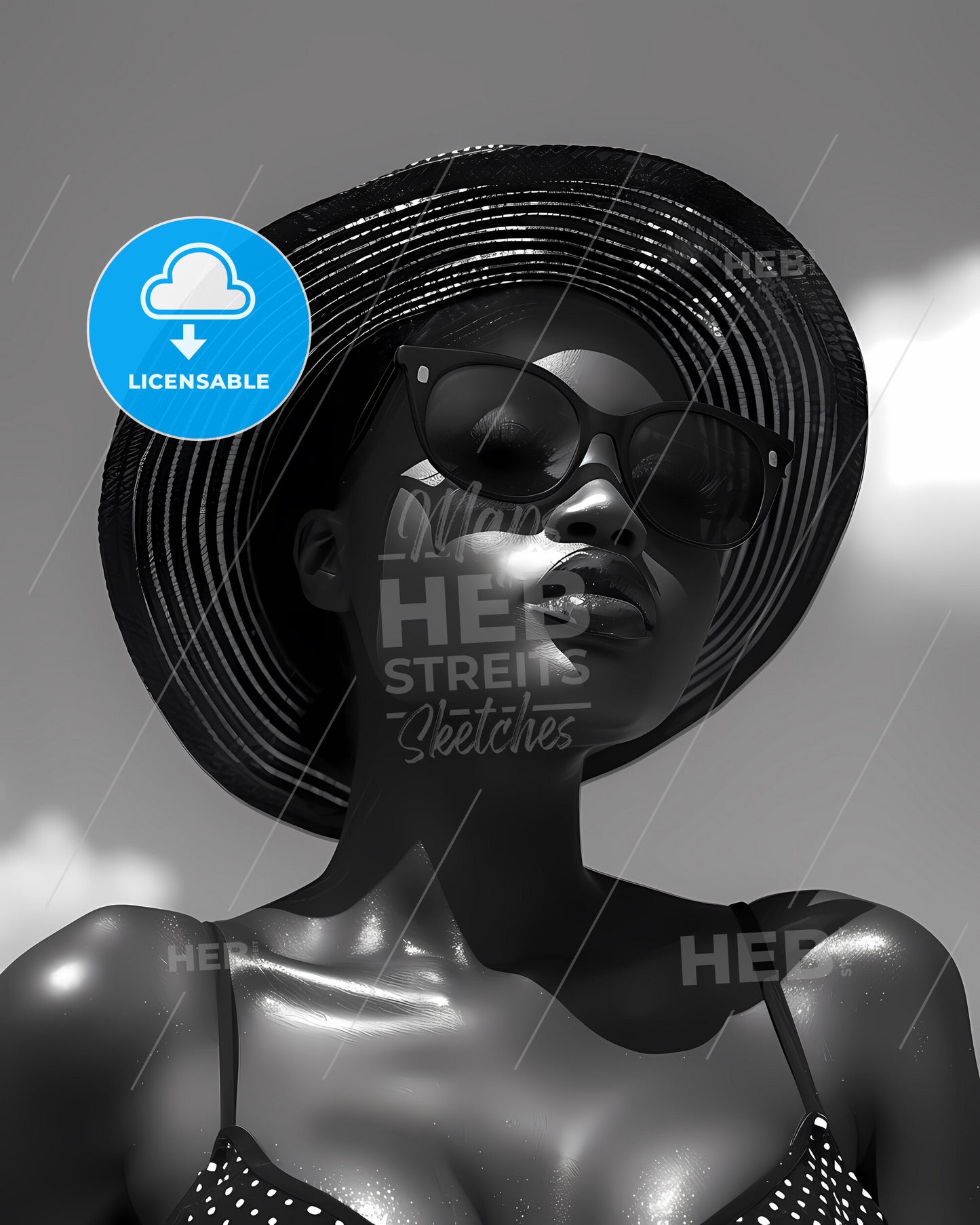 Black and White Cinematic Portrait of a Black Woman Wearing a Hat and Sunglasses, Standing in a Side Pose, Full-Body, Intricate Details, Realistic Painting