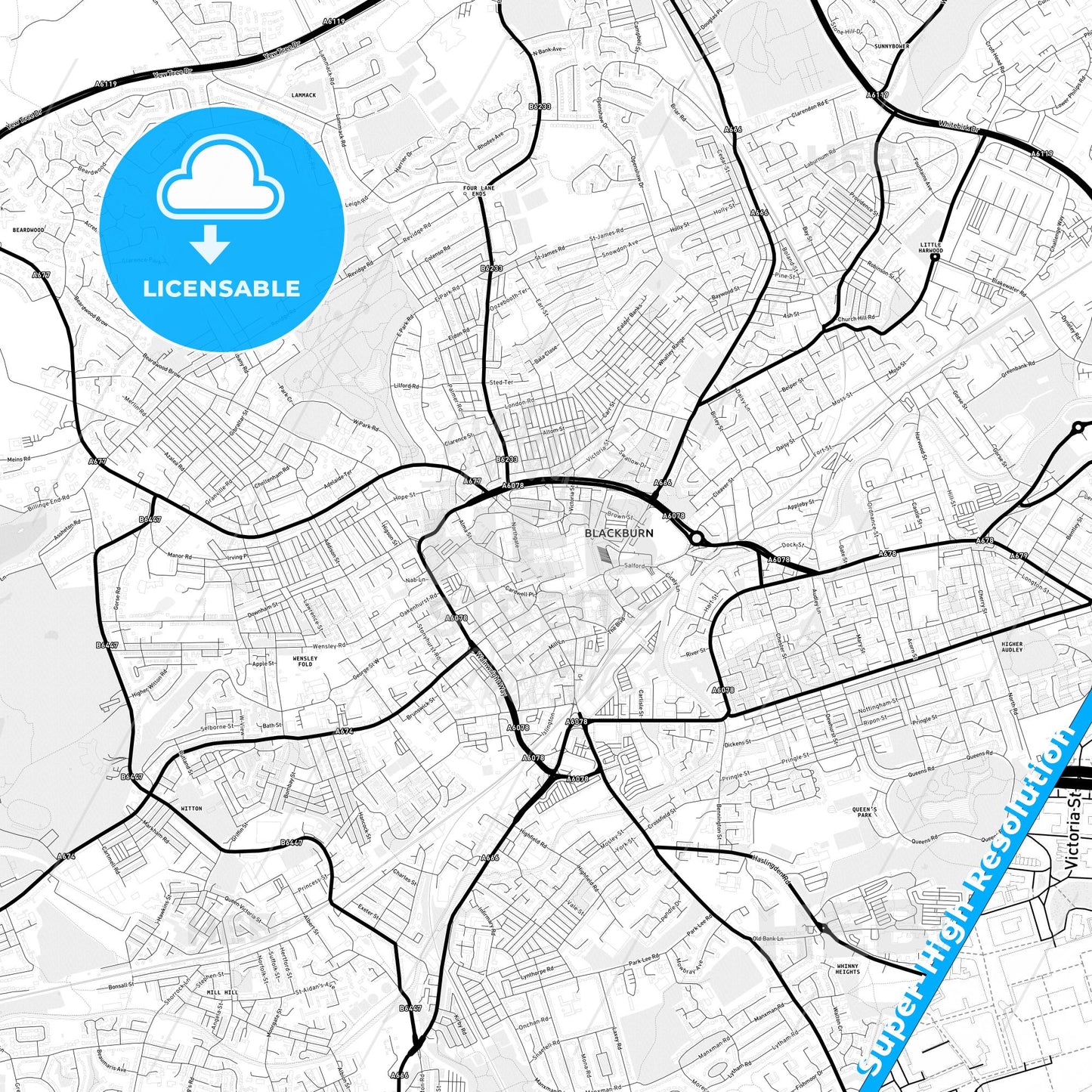 Blackburn, England Light Map with Street Names, City Names, and Districts