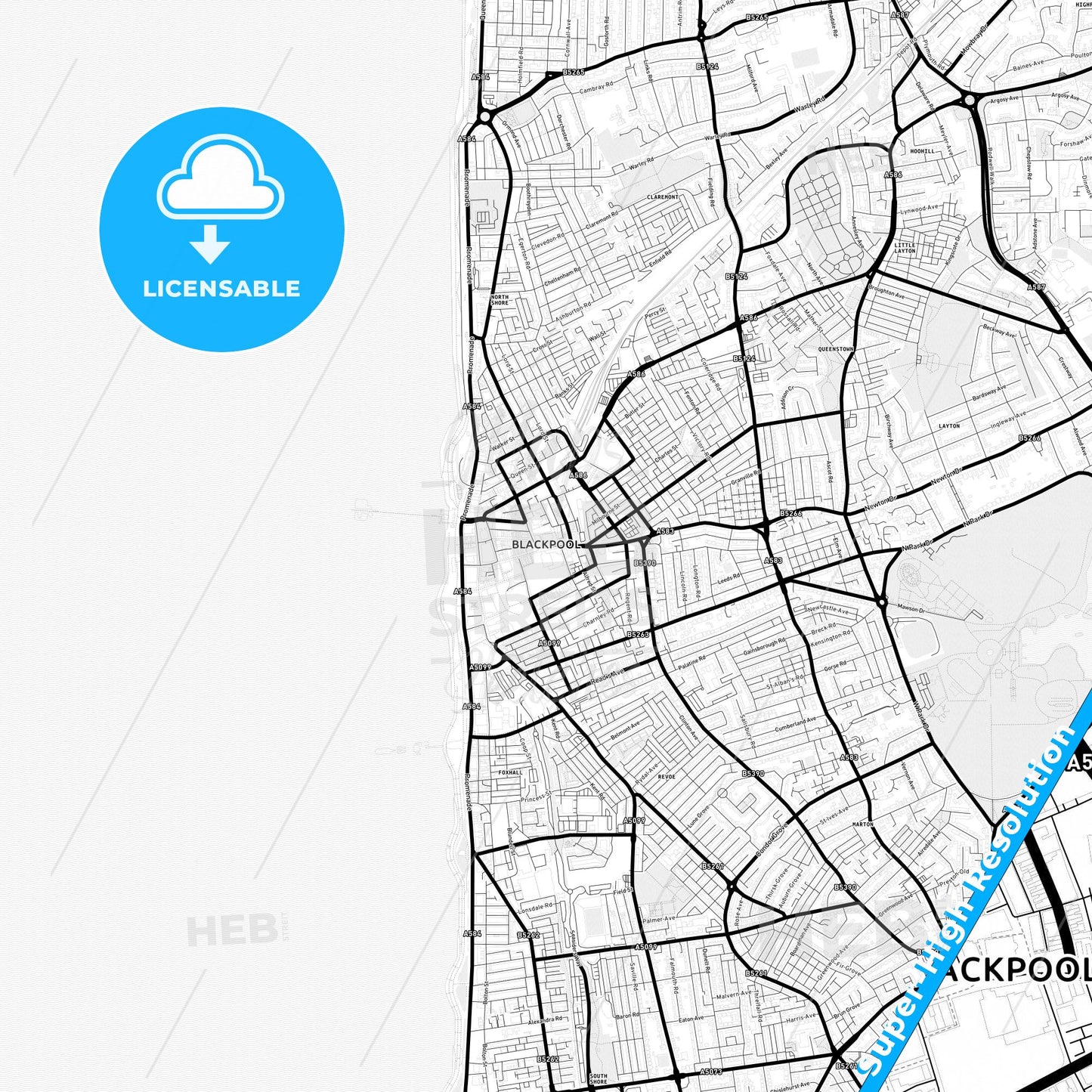 Blackpool, England Light Map with Street Names, City Names, and Districts