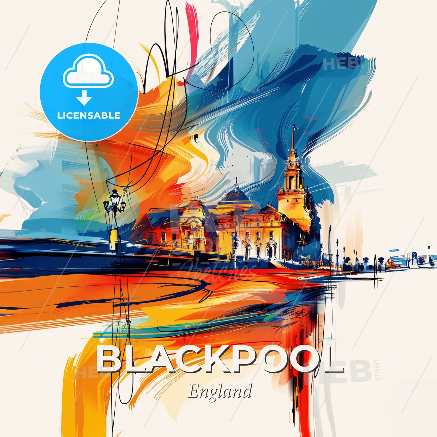 Vibrant Blackpool, England - A Painting Of A Building - Square format print template