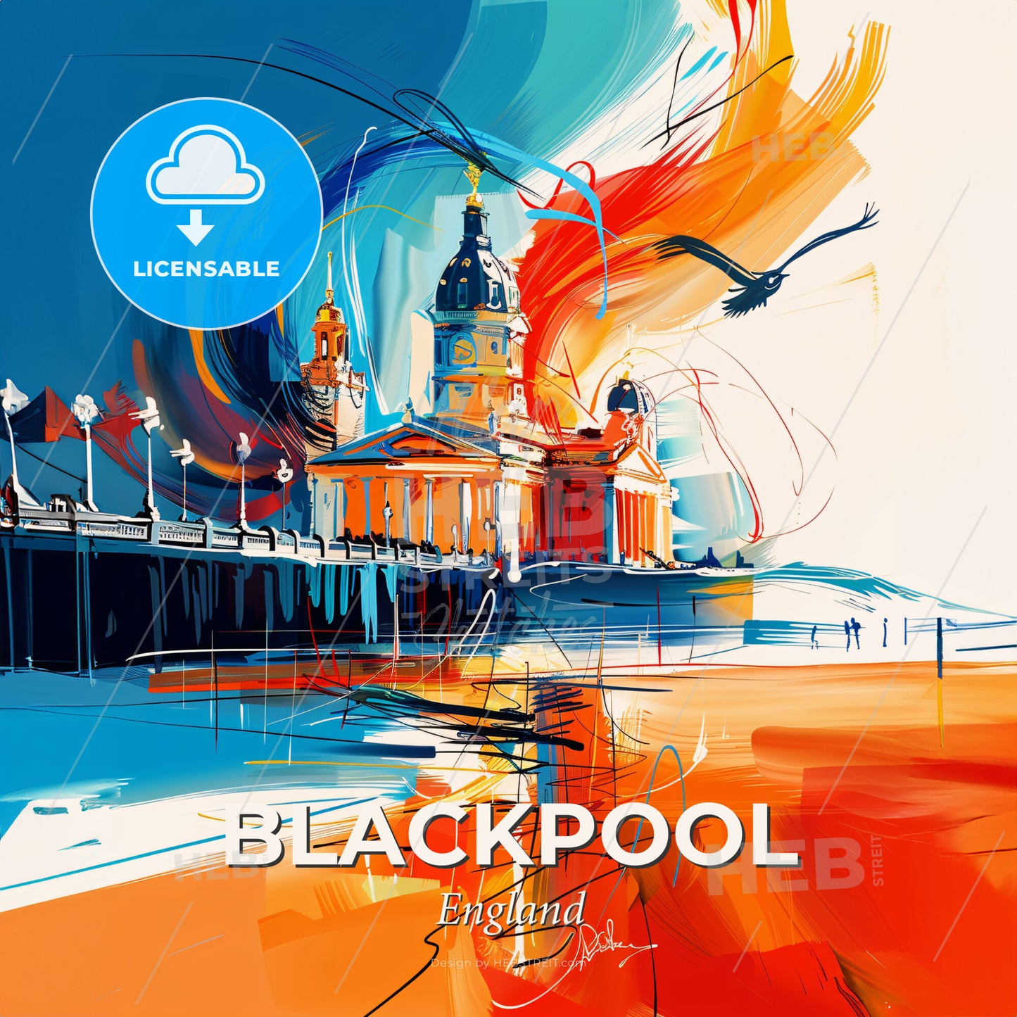Vibrant Blackpool, England - A Painting Of A Building With A Tower And A Pier - Square format print template