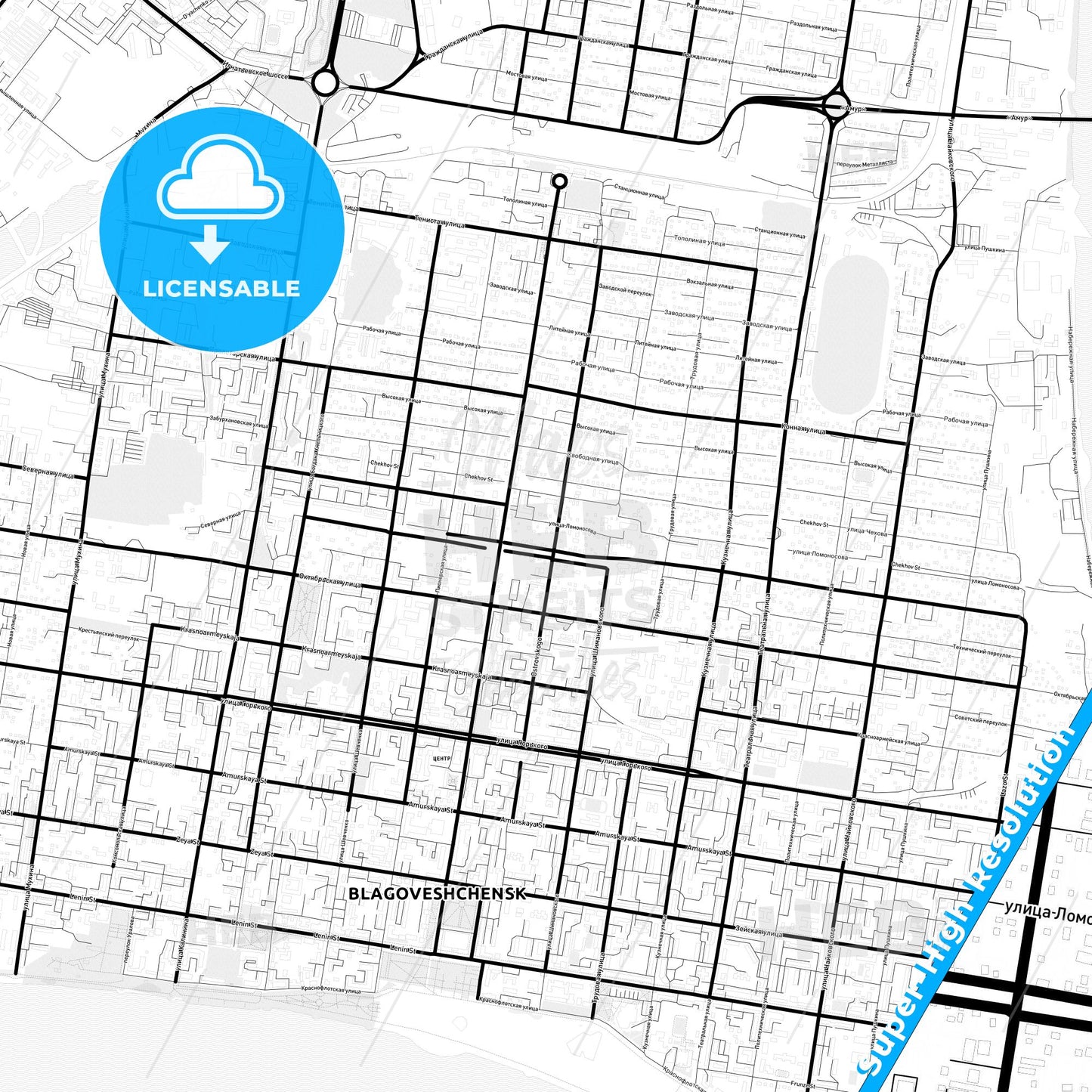 Blagoveshchensk, Russia Light Map with Street Names, City Names, and Districts