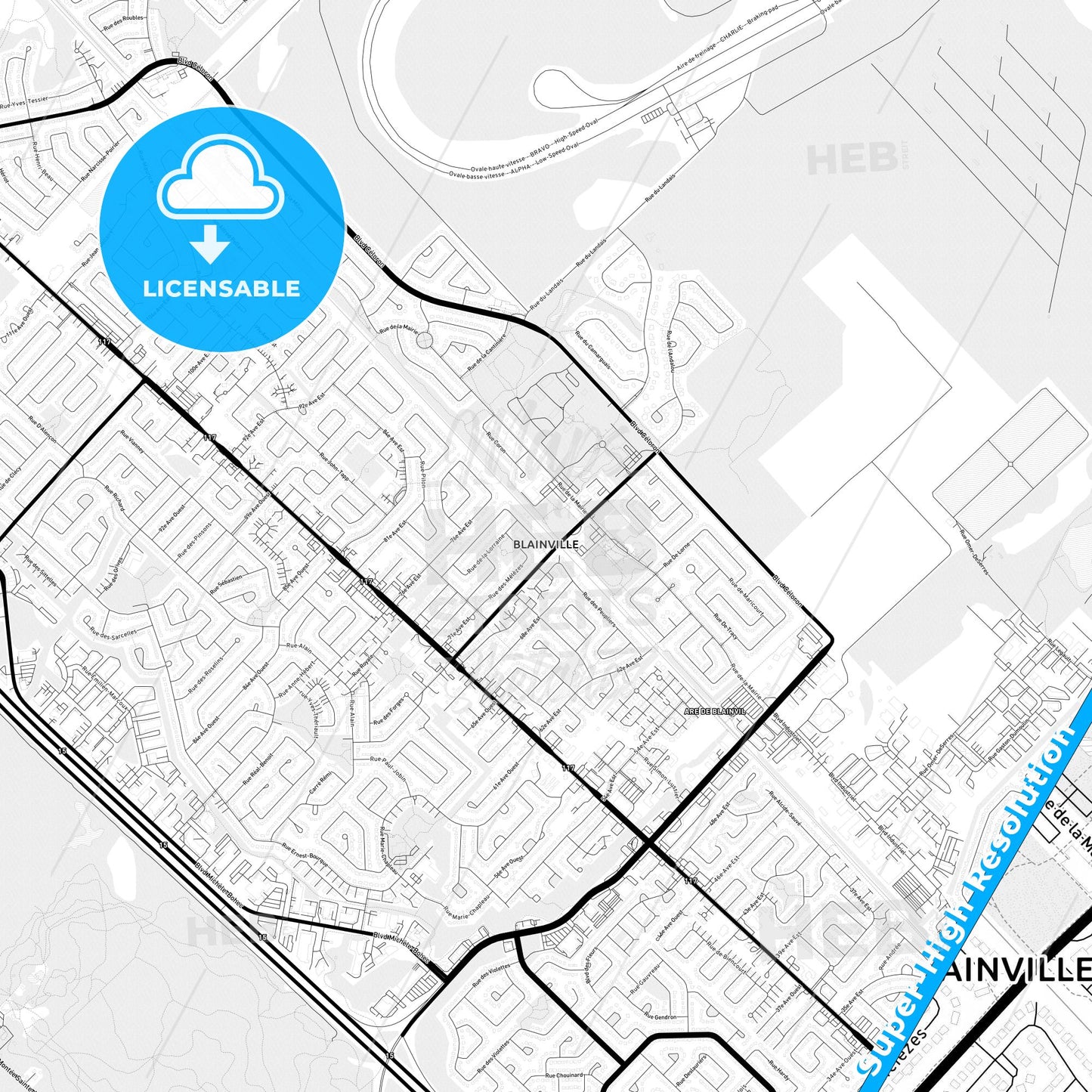 Blainville, Canada Light Map with Street Names, City Names, and Districts