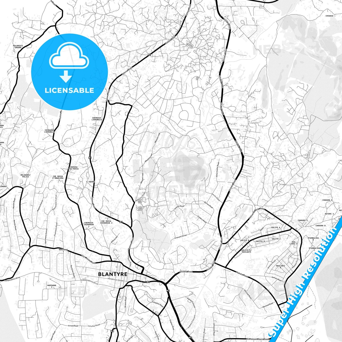 Blantyre, Malawi Light Map with Street Names, City Names, and Districts