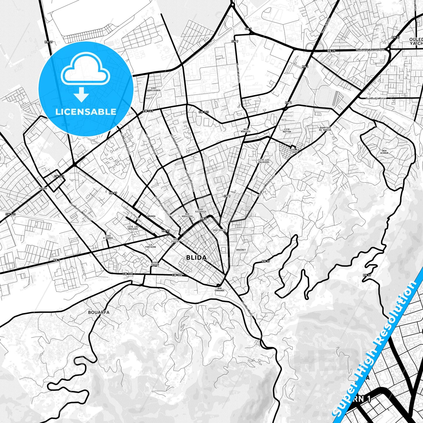 Blida, Algeria Light Map with Street Names, City Names, and Districts